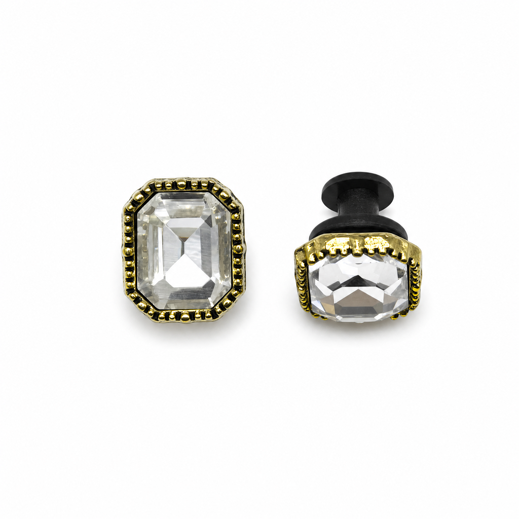 Side-view of Blessingmychild interchangeable rectangular gem charms for dog sandals showing secure back-button stud detailing