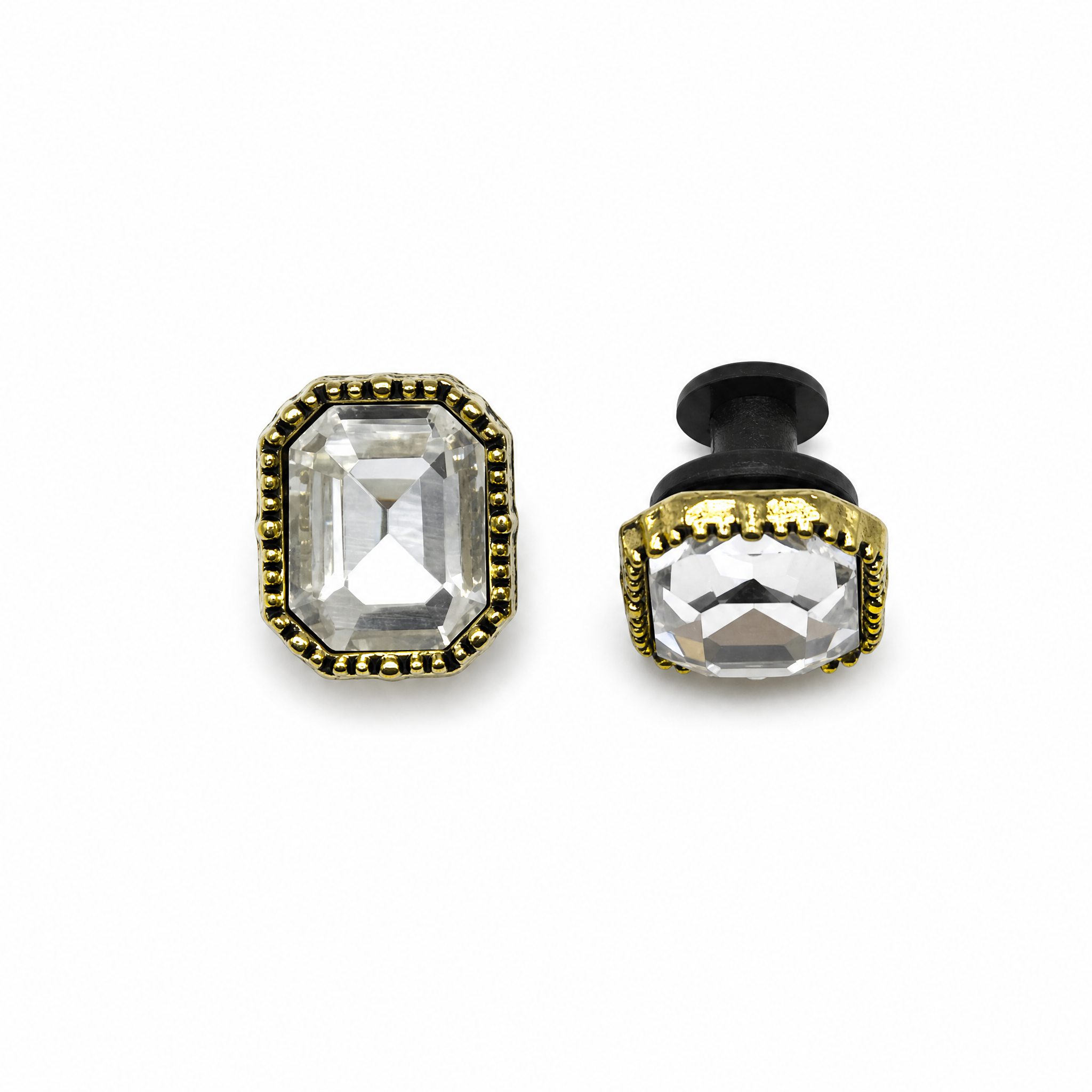 Side-view of Blessingmychild interchangeable rectangular gem charms for dog sandals showing secure back-button stud detailing