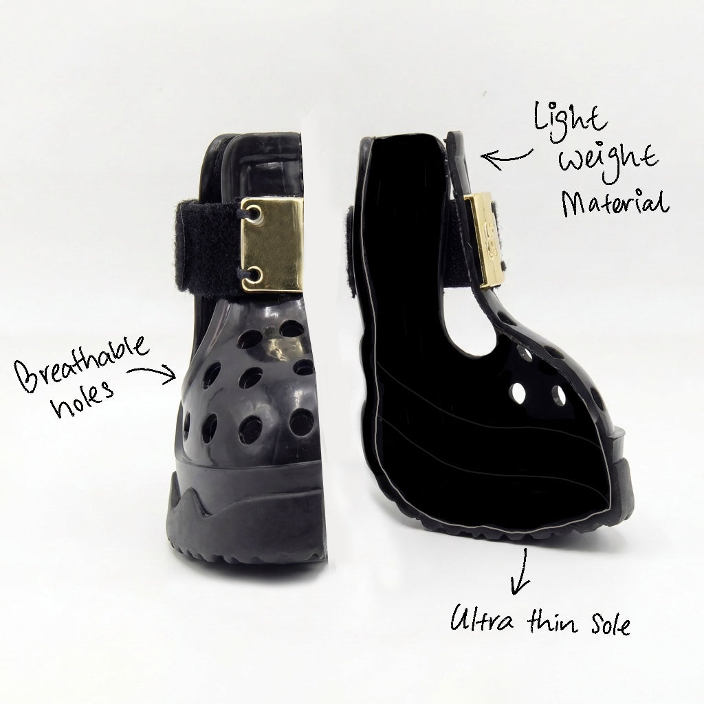 Hand-drawn official design manuscript of Blessingmychild knight black pet footwear pointing out breathable holes, light weight material, and ultra thin sole