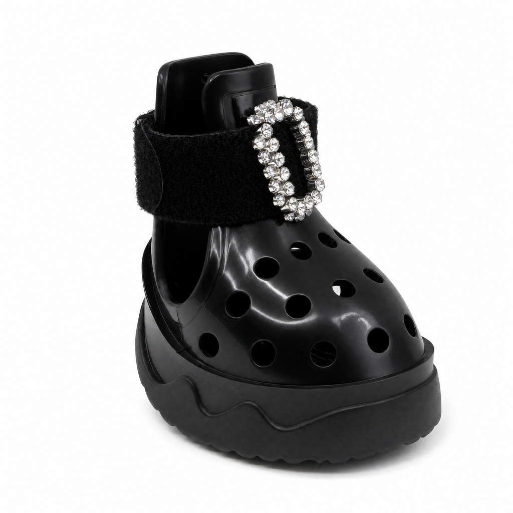 Side profile of Blessingmychild luxury couture pet footwear on V2 comfort architecture combining Parisian elegance with breathable design
