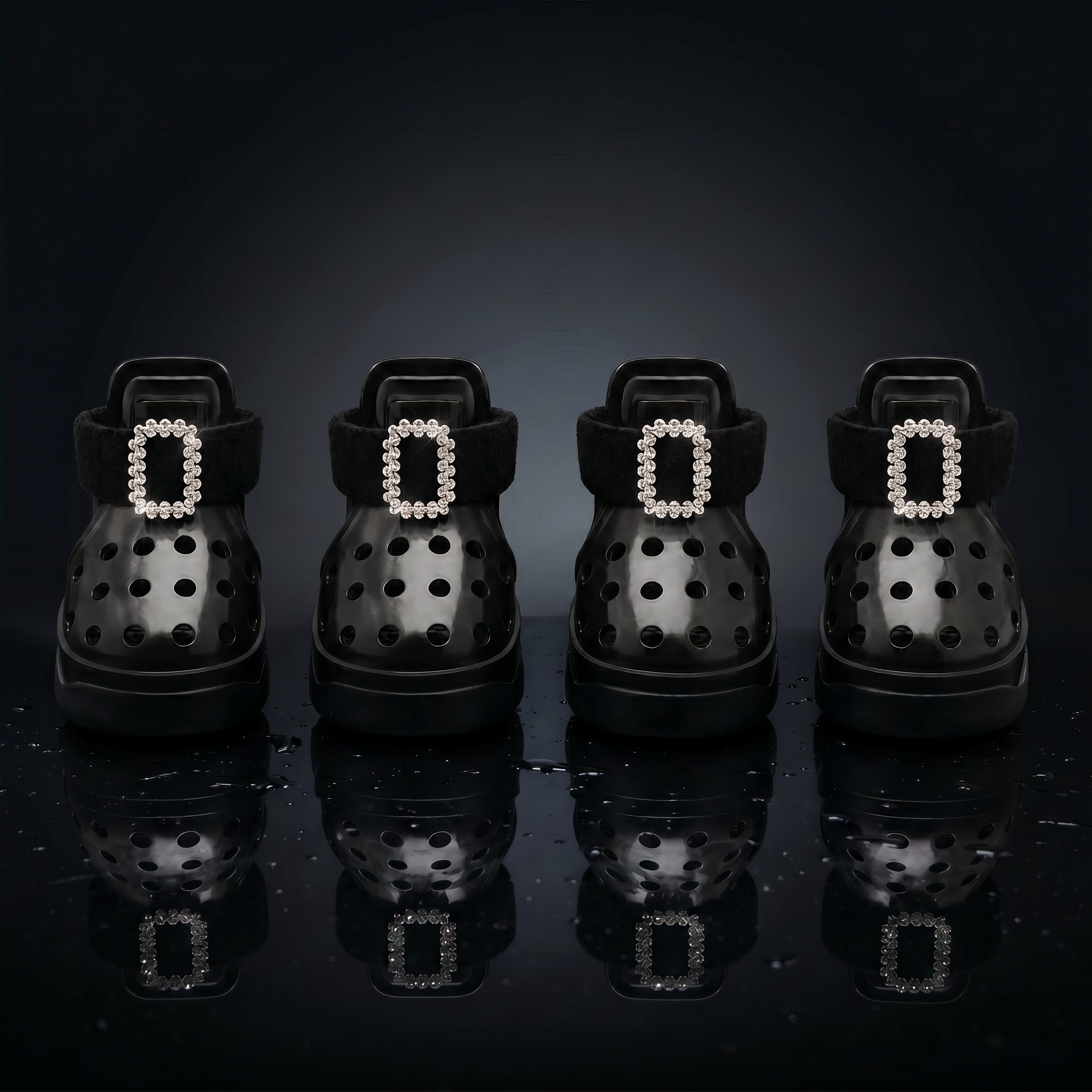 Blessingmychild luxury black swan dog shoes channeling iconic Roger Vivier style with haute couture crystal square buckles and a matte velvet frame