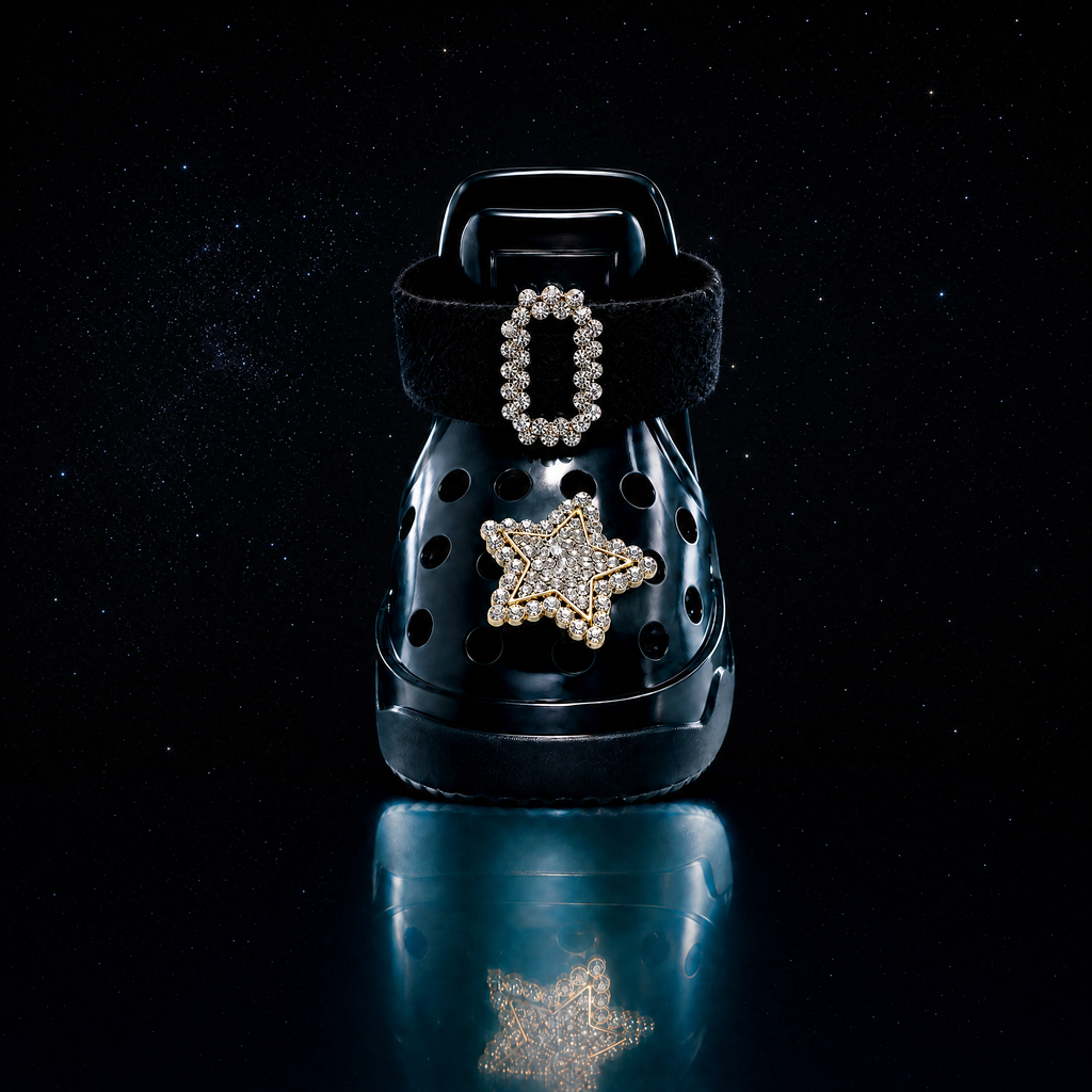Blessingmychild luxury black jelly dog crocs shoe featuring the black swan crystal velvet buckle and retro rock star glittering star charm