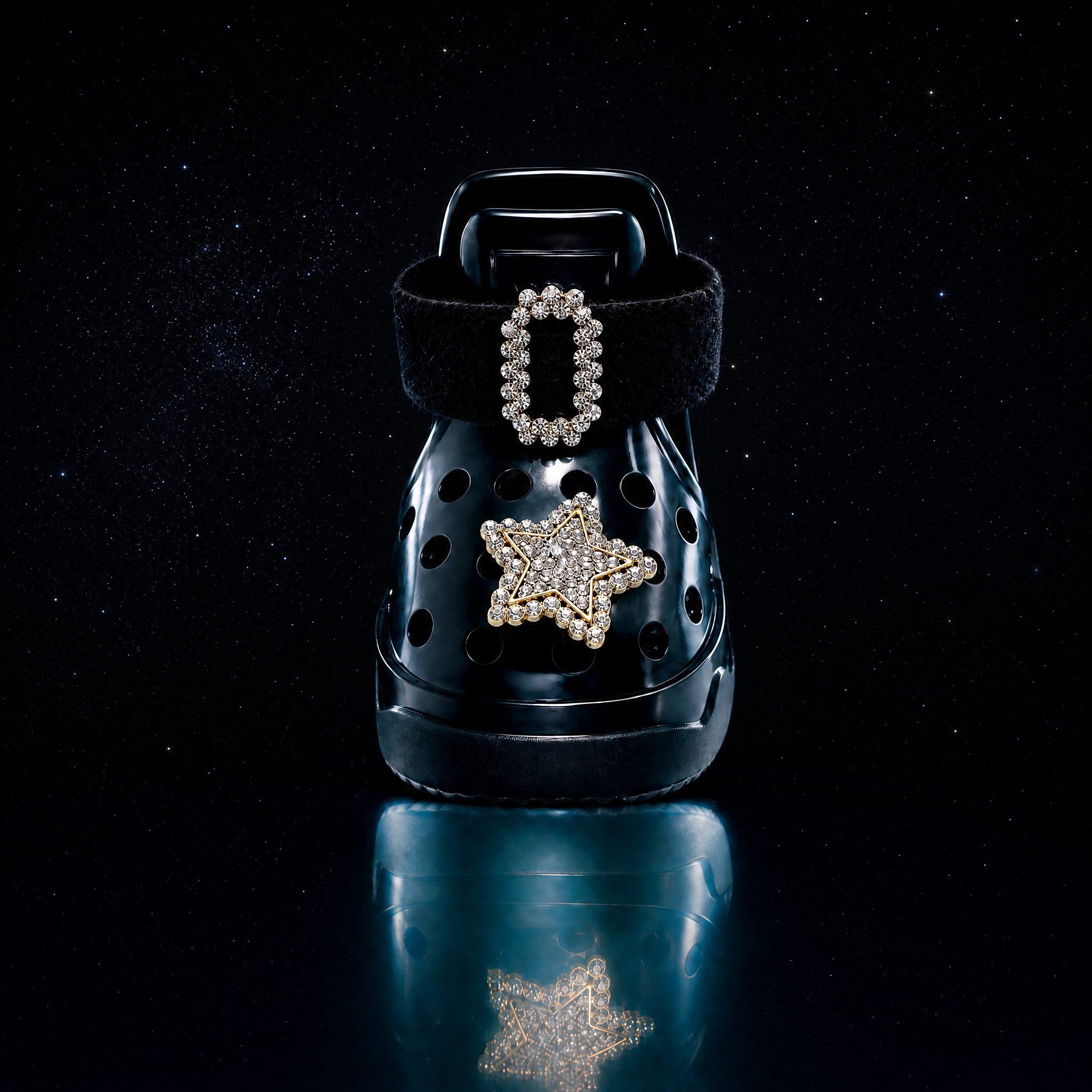 Blessingmychild luxury black jelly dog crocs shoe featuring the black swan crystal velvet buckle and retro rock star glittering star charm