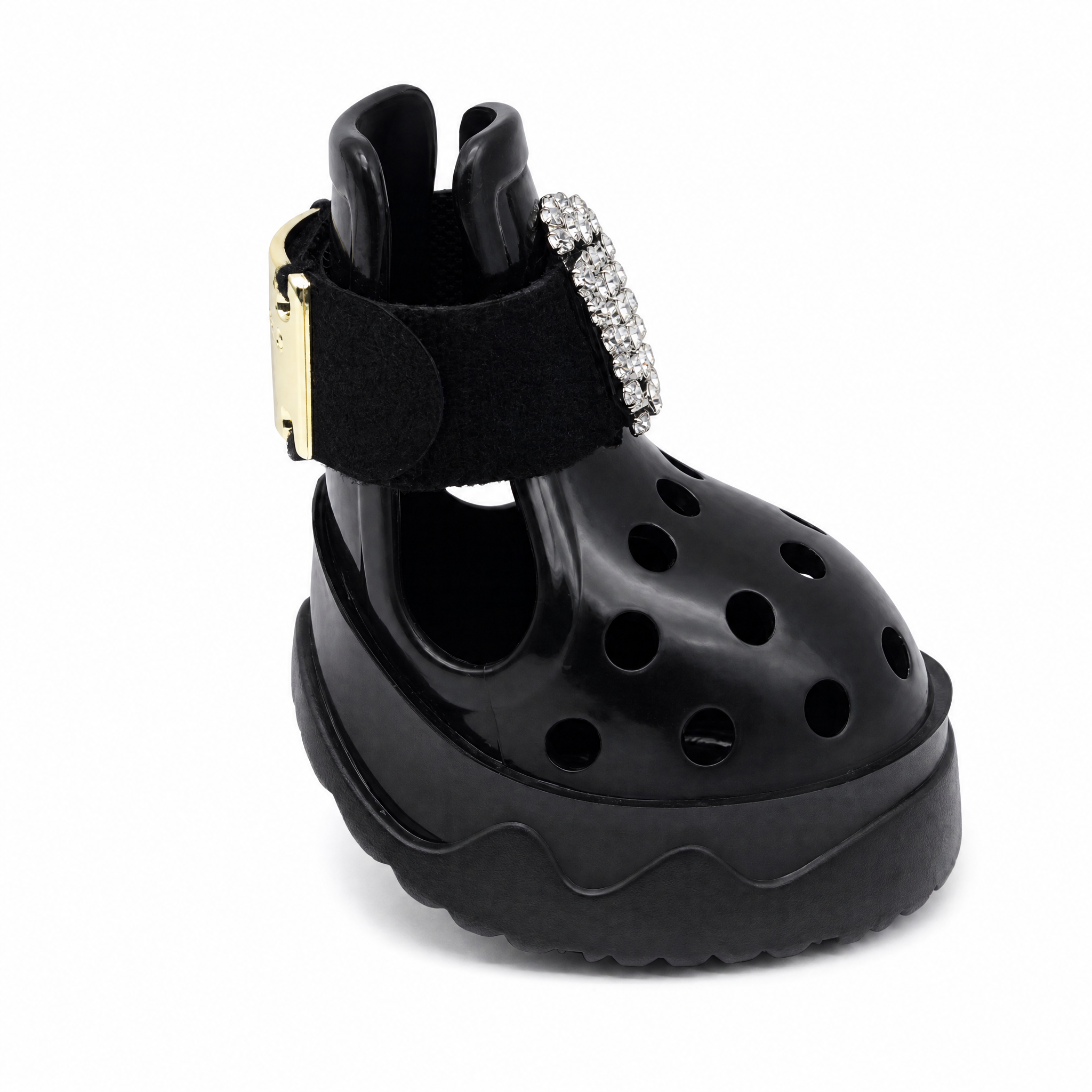 Rear-side view of Blessingmychild high-end black dog sandals showcasing premium craftsmanship and adjustable polished gold buckle closure