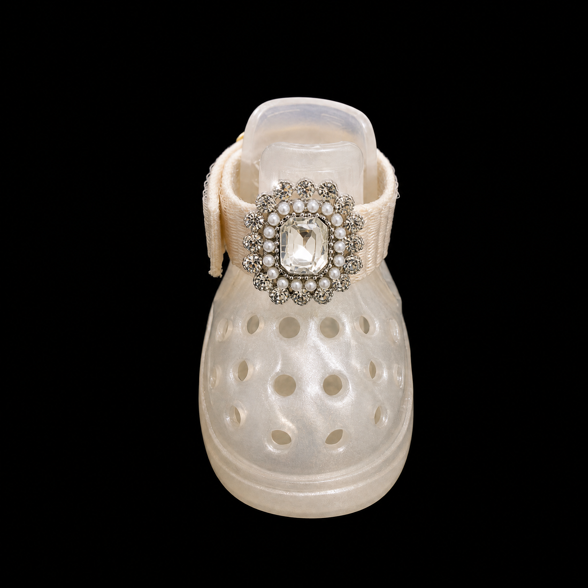 Front view of Blessingmychild translucent dog crocs shoes showcasing the detailed craftsmanship of the royal pearl brooch emblem