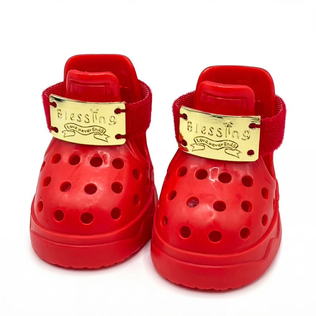 A perfect pair of Blessingmychild V1 classic star-red dog sandals with front gold emblems, clean white background