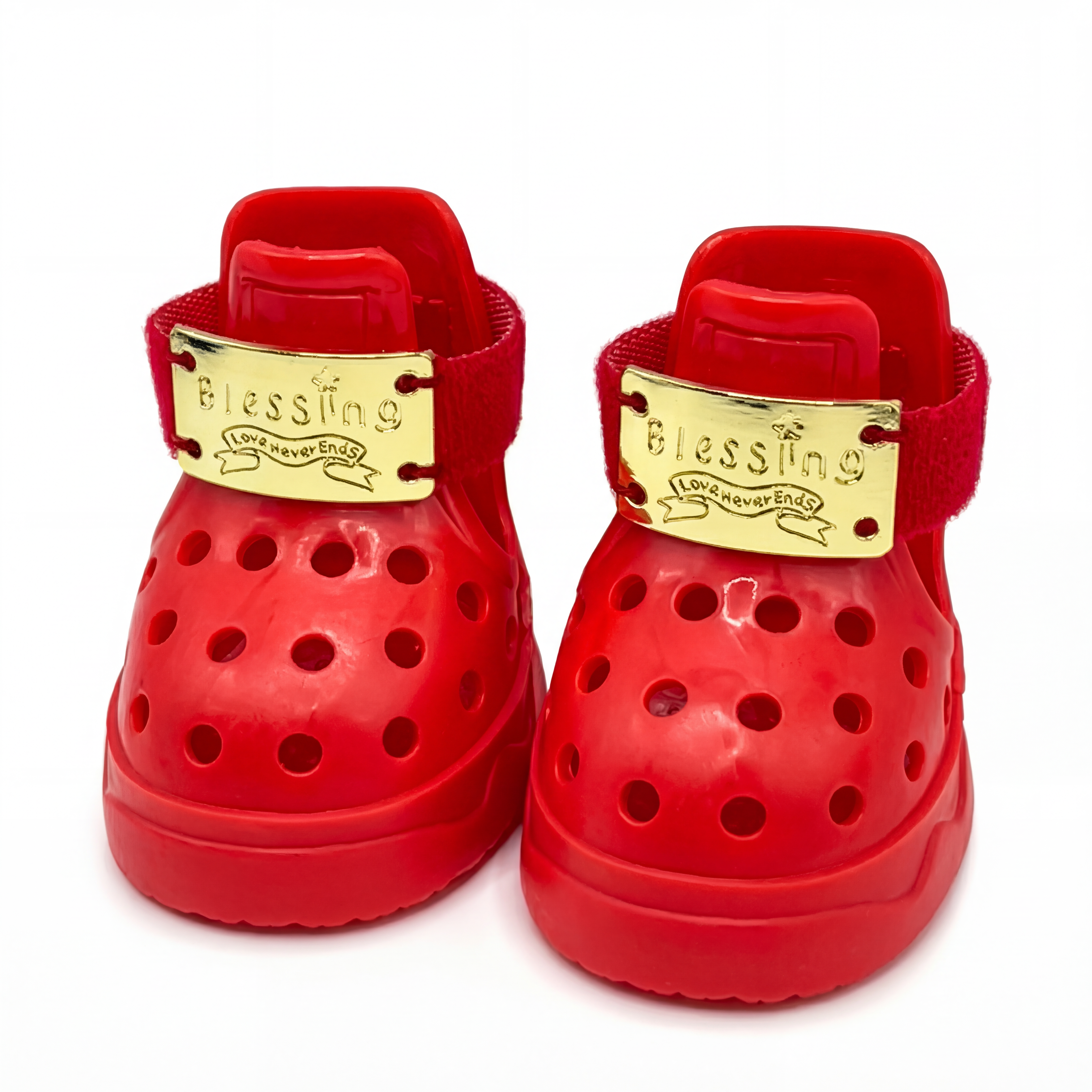 A perfect pair of Blessingmychild V1 classic star-red dog sandals with front gold emblems, clean white background