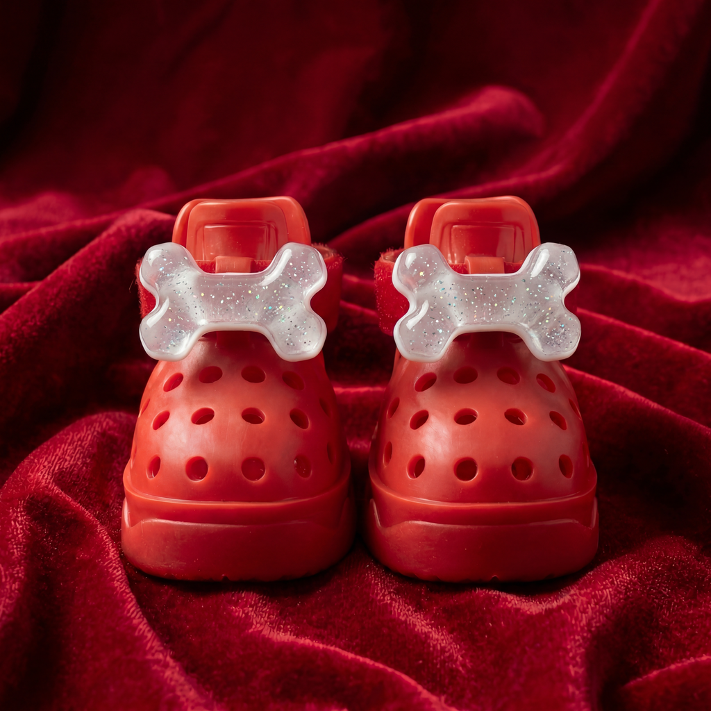 A pair of Blessingmychild vibrant red dog sandals styled with interchangeable glitter clear puppy bone charms on a luxury red velvet fabric