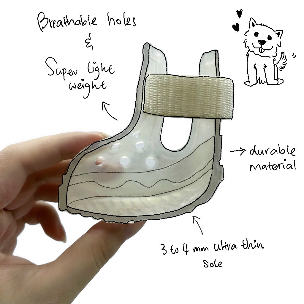Hand-drawn official design manuscript and cross-section blueprint of Blessingmychild pet footwear illustrating the breathable holes, durable material, and 3 to 4 mm ultra thin sole