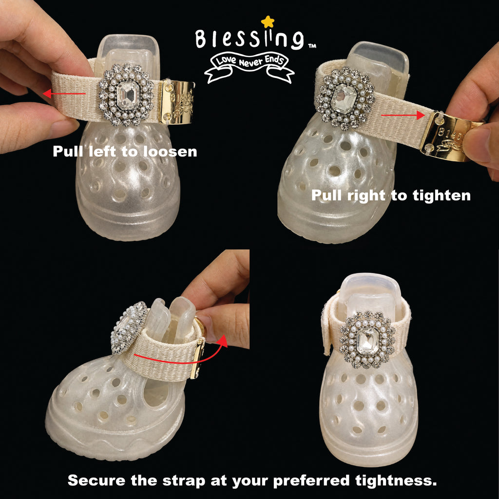 Step-by-step fitting guide tutorial showing how to securely fasten the adjustable strap on Blessingmychild luxury dog shoes