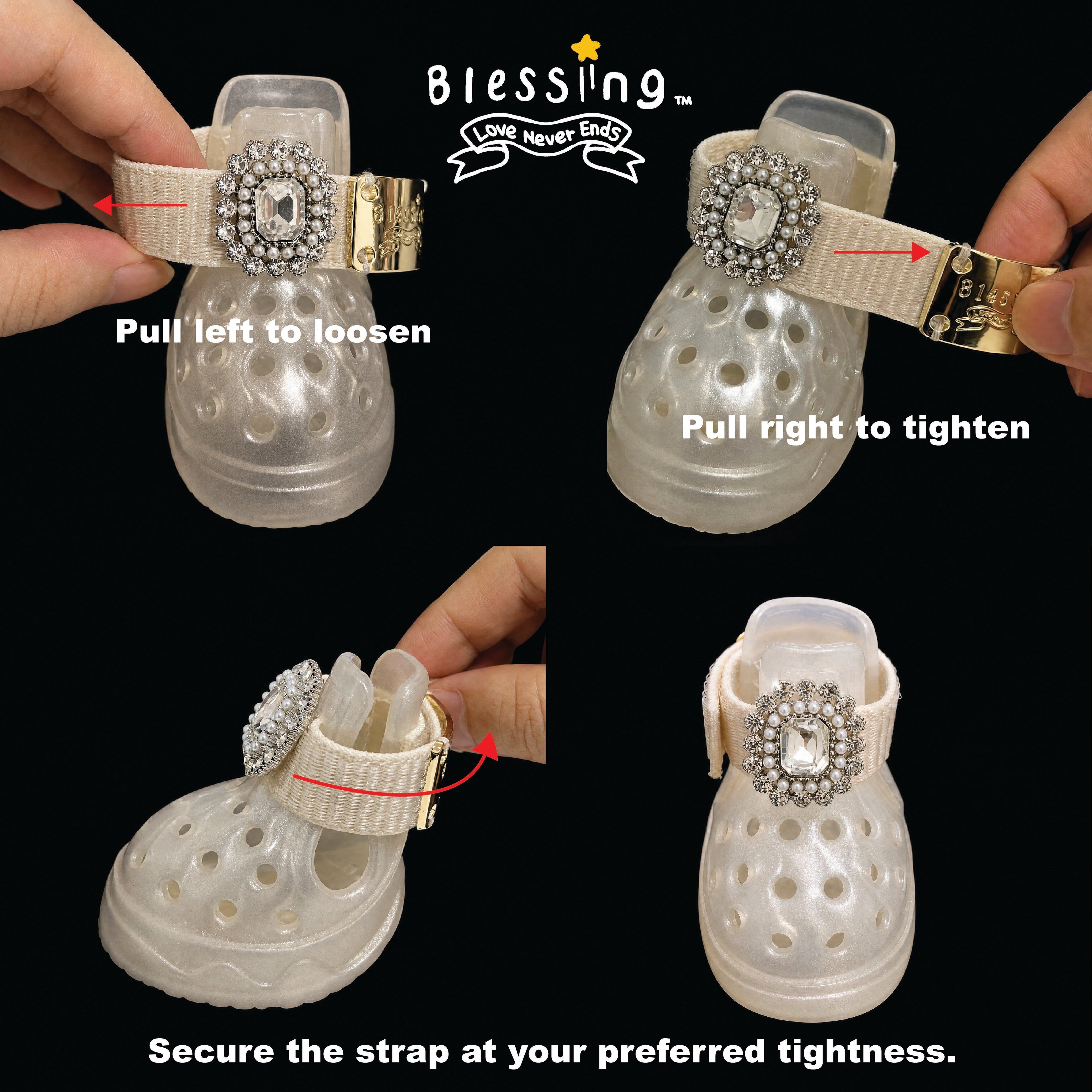 Step-by-step fitting guide tutorial showing how to securely fasten the adjustable strap on Blessingmychild luxury dog shoes