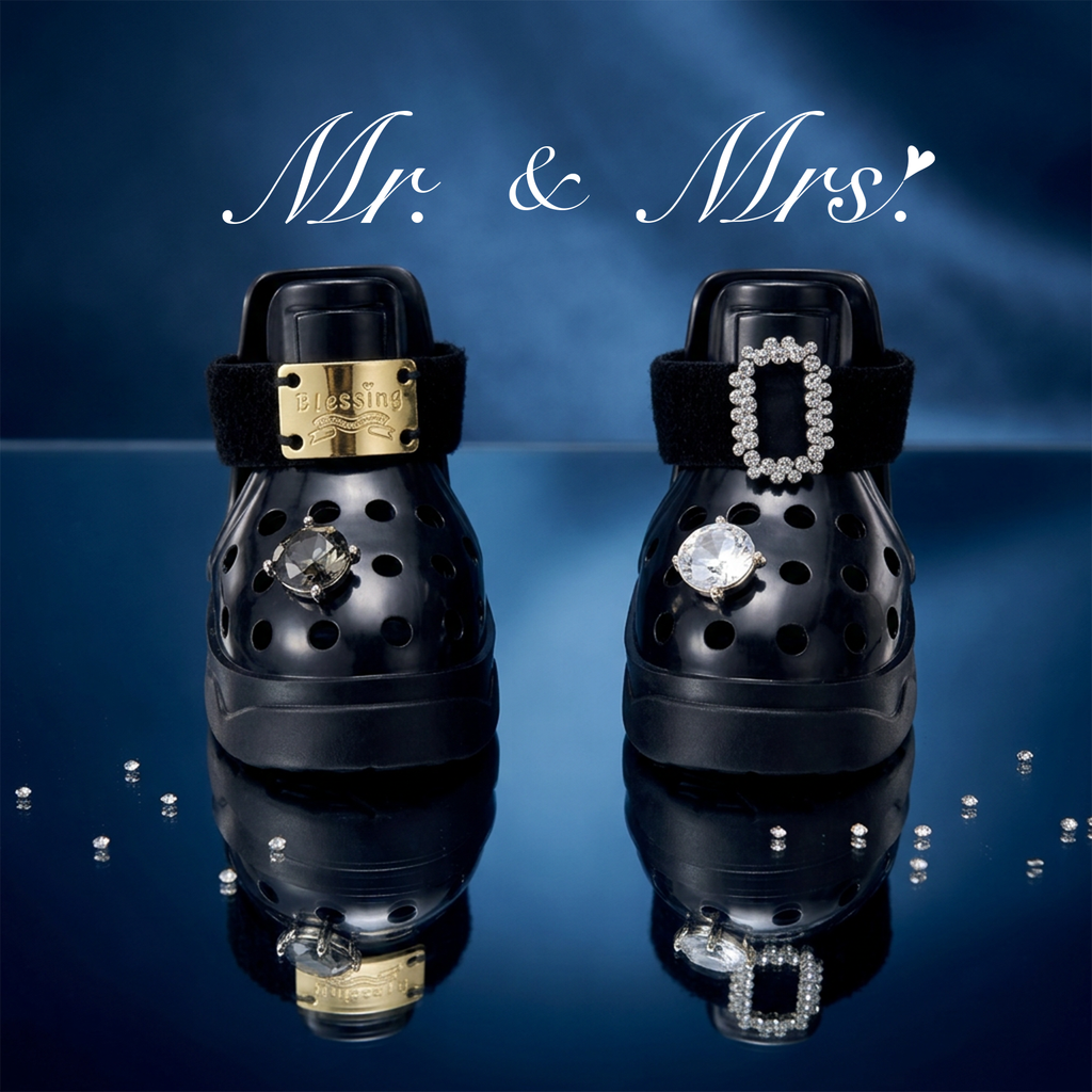 Blessingmychild luxury big diamond dog shoe charms showcasing the classic V1 gold plate edition and black swan crystal buckle edition
