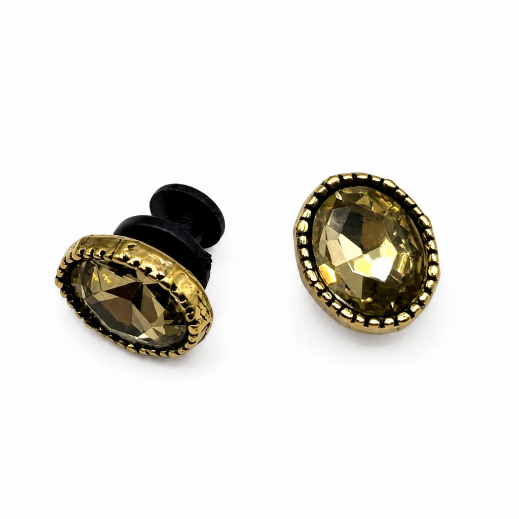 Side-view of Blessingmychild interchangeable royal oval gem charms for dog sandals showing secure back-button stud detailing