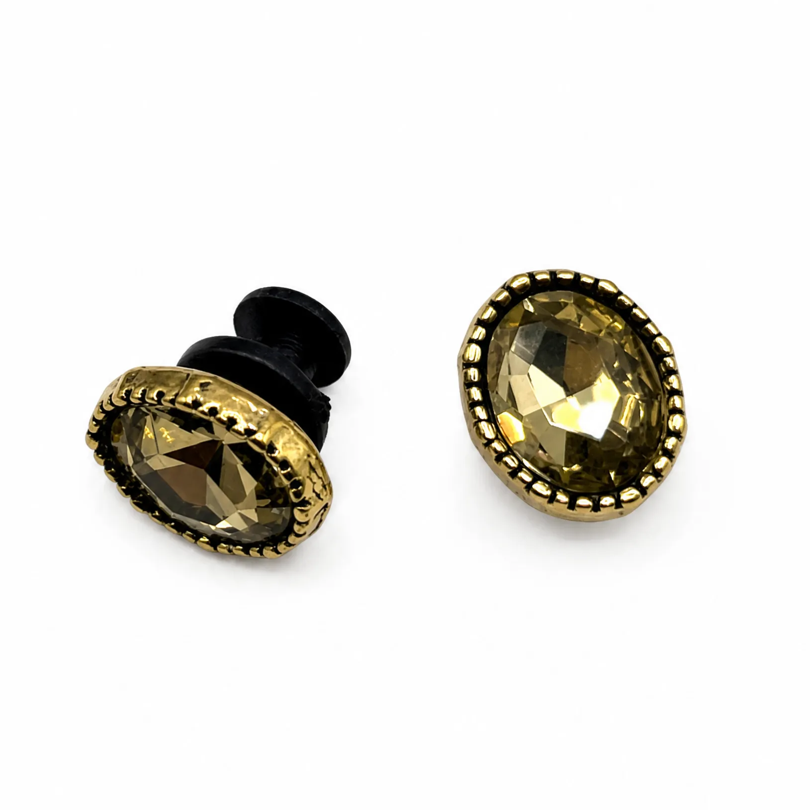 Side-view of Blessingmychild interchangeable royal oval gem charms for dog sandals showing secure back-button stud detailing