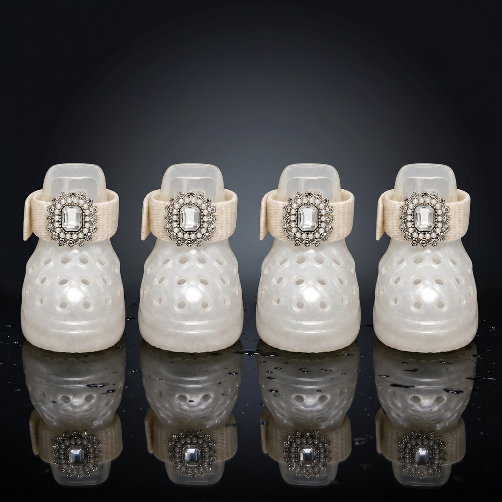 Complete 4-pack set of Blessingmychild luxury pearl and diamond brooch dog sandals on a reflective black background