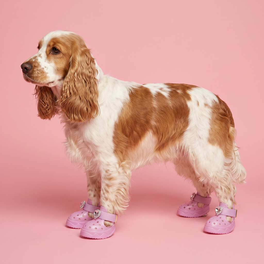 Side-view of a cocker spaniel dog wearing Blessingmychild premium pink jelly dog sandals on a studio pink backdrop
