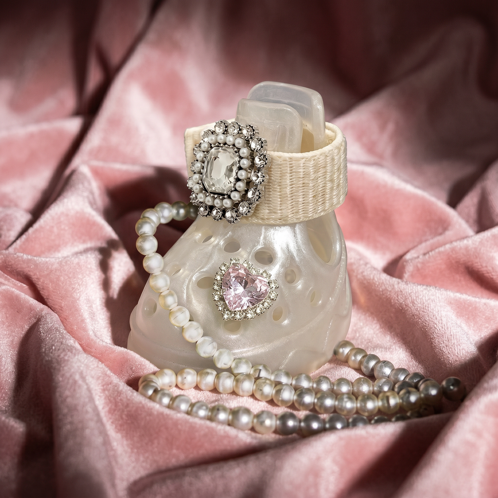 Blessingmychild premium pink jelly dog crocs shoes adorned with hand-stitched crystal heart gem resting on luxury pink velvet and pearls