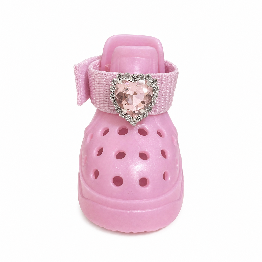 Front view of Blessingmychild premium pink jelly pet shoes with a glittering rhinestone heart charm, white background