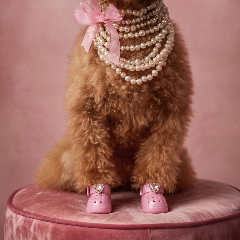 Aesthetic poodle wearing Blessingmychild luxury pink dog sandals with custom heart jewels and elegant pearl necklace styling in Singapore