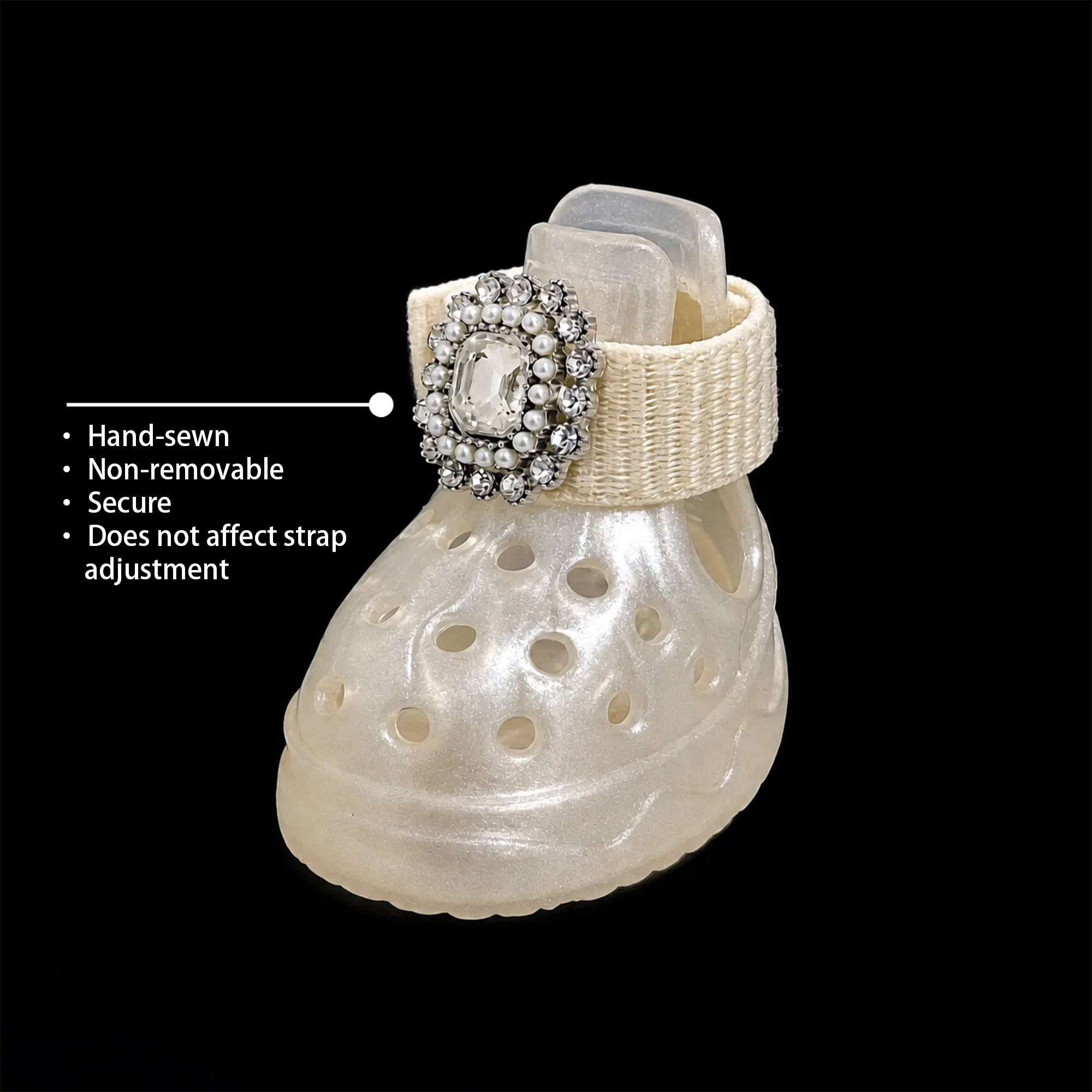 Side view of Blessingmychild high-fashion pet footwear with text pointers showing hand-sewn non-removable brooch styling
