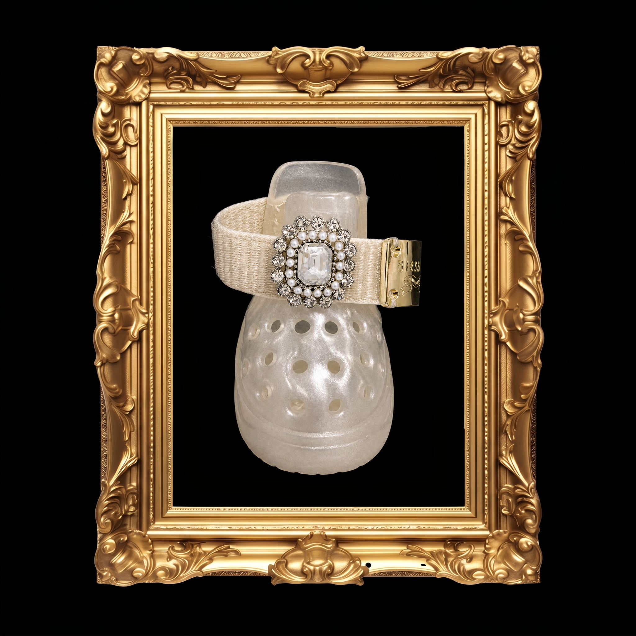 Blessingmychild premium semi-transparent dog shoes featuring an exquisite queen vintage brooch with pearls and crystals in a golden frame