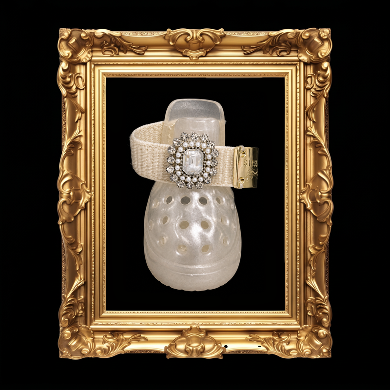 Blessingmychild premium semi-transparent dog shoes featuring an exquisite queen vintage brooch with pearls and crystals in a golden frame