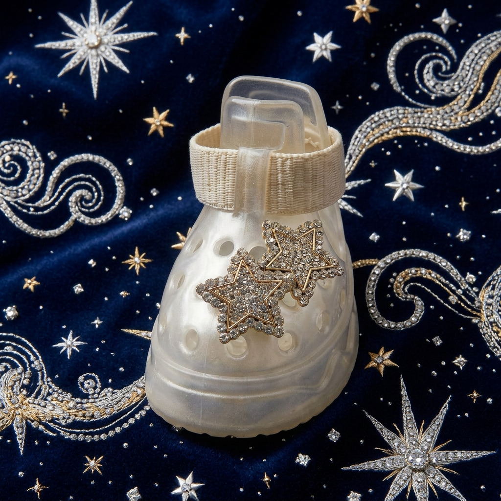 Blessingmychild luxury retro rock star dog shoe charms featuring glittering vintage bronze star gems on dark blue starry embroidery fabric