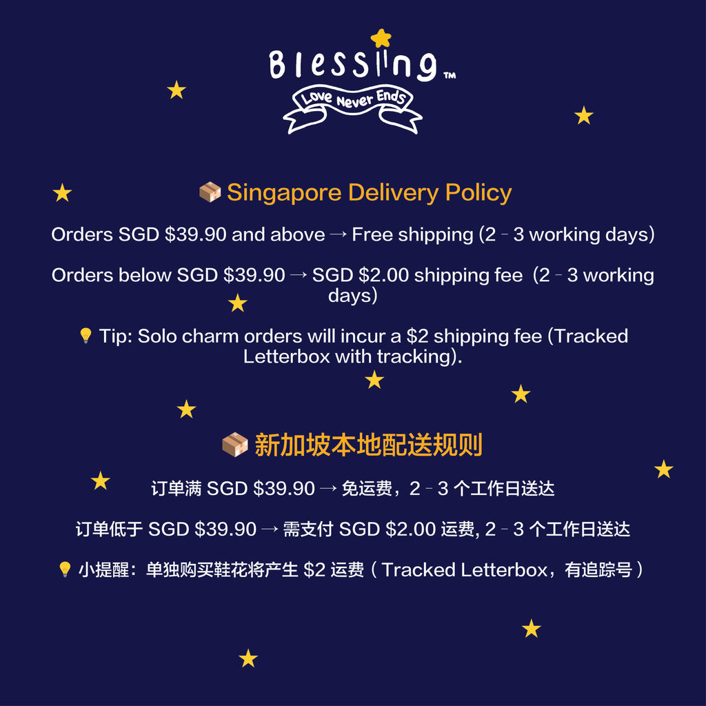 Blessingmychild Singapore local shipping and delivery policy for premium dog shoes and custom pet charms