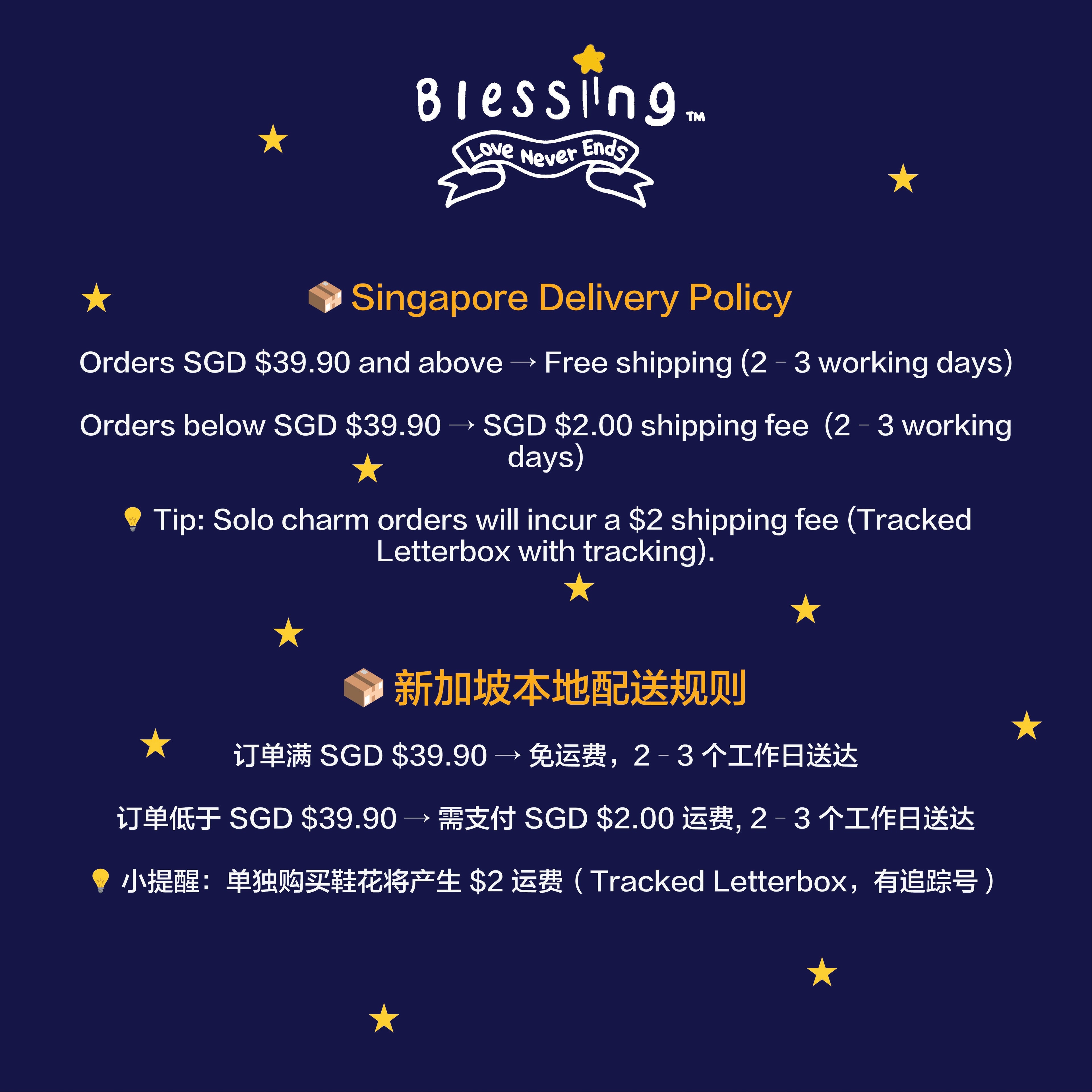 Blessingmychild Singapore local shipping and delivery policy for premium dog shoes and custom pet charms
