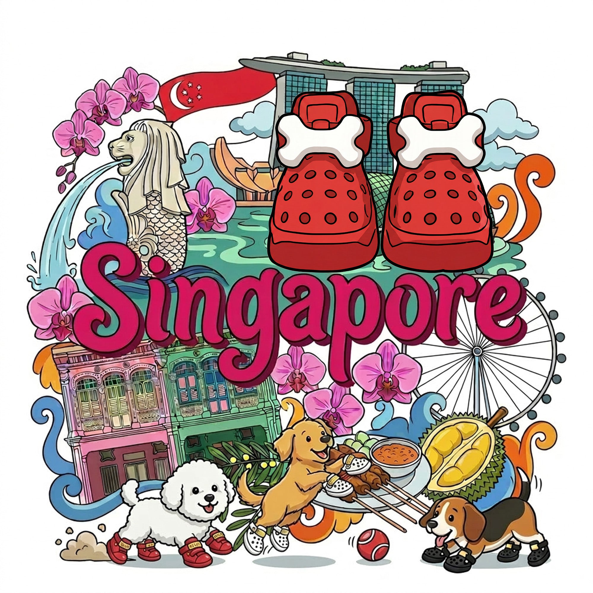 Blessingmychild SG61 Edition luxury red dog shoes in a vibrant custom Singapore National Day themed illustration with merlion and local landmarks