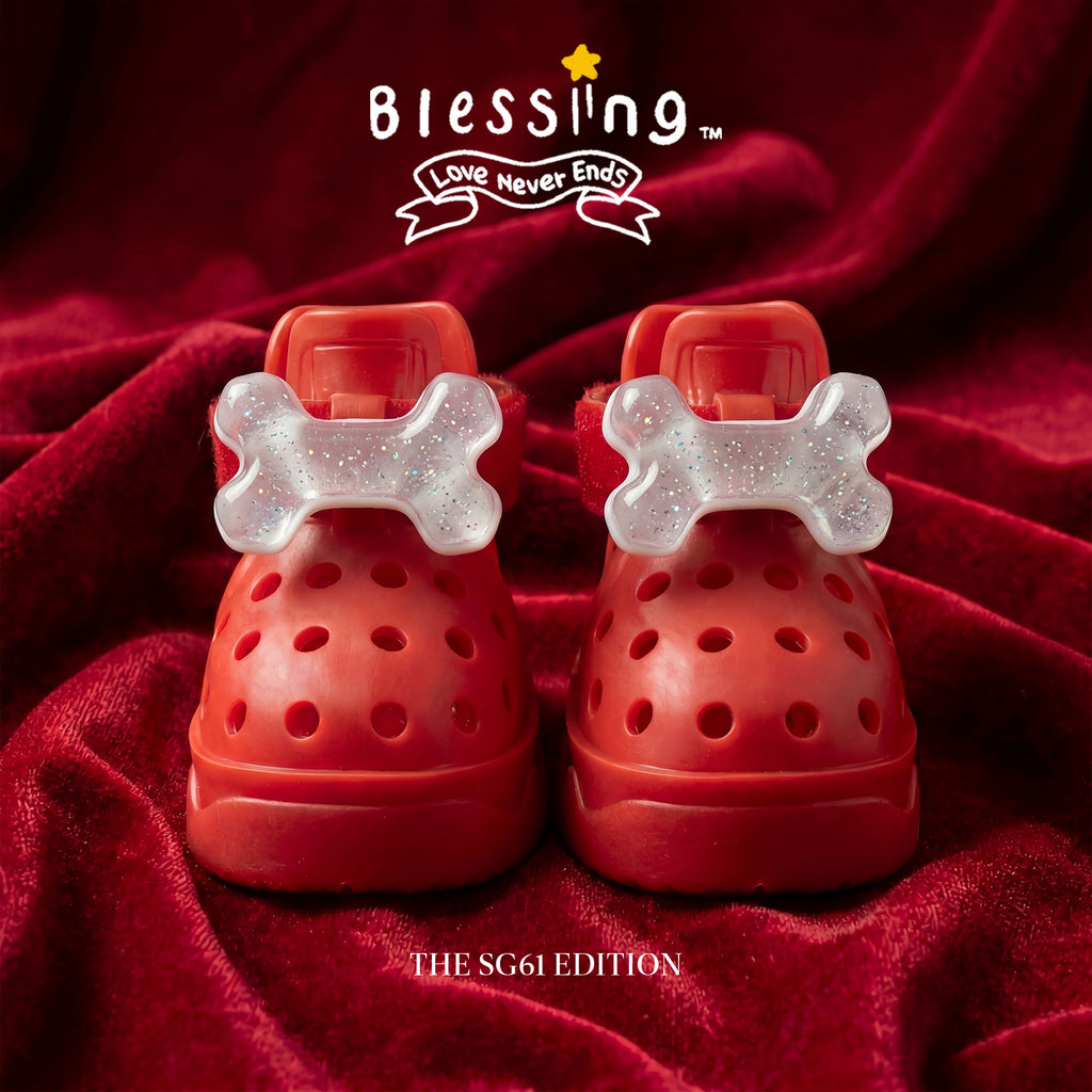 A pair of Blessingmychild Singapore 61 limited edition red dog sandals styled with recommended crystal bone charms on premium red velvet