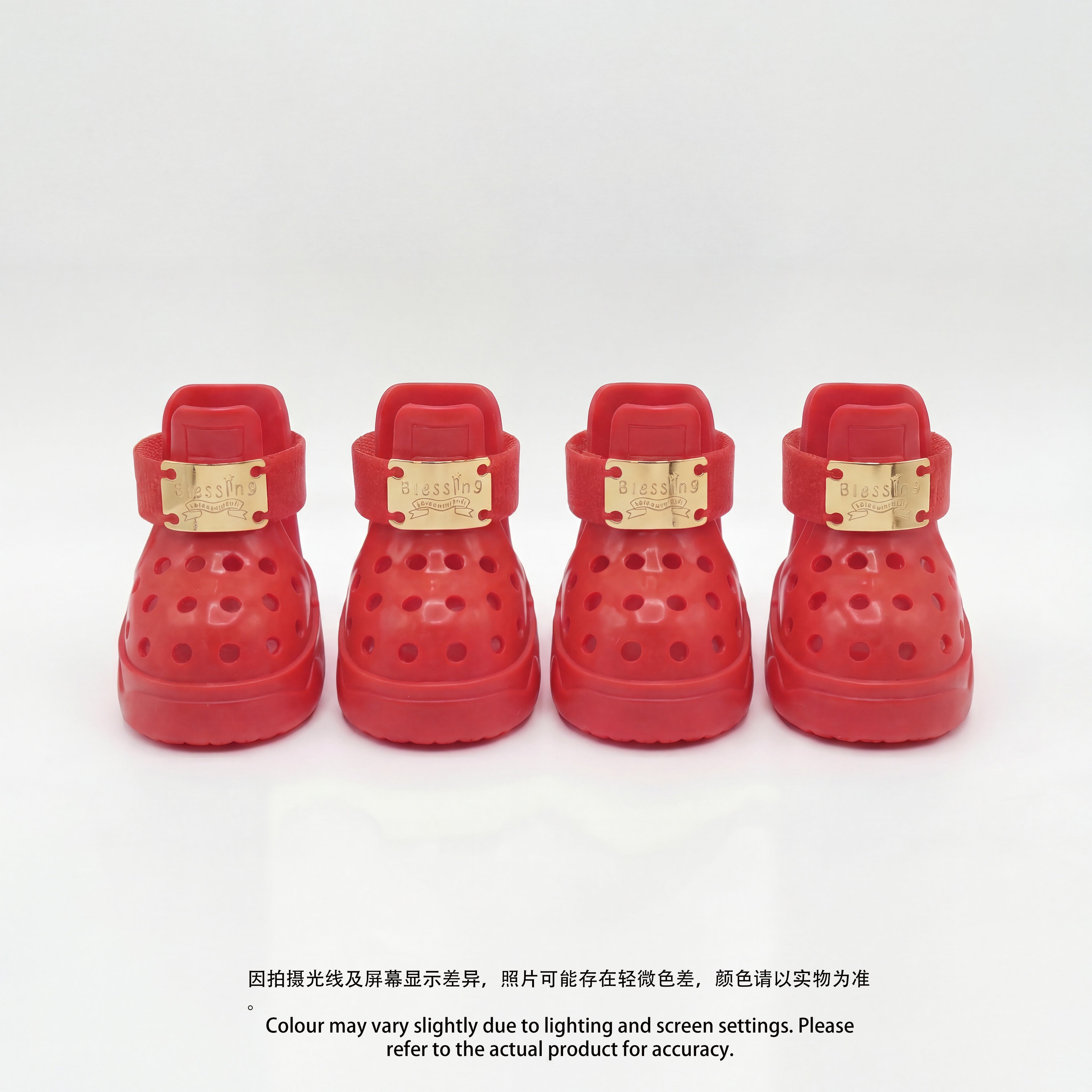 Four Blessingmychild Singapore exclusive limited edition V1 red dog shoes lined up on a white background featuring classic front-placed gold brand plates