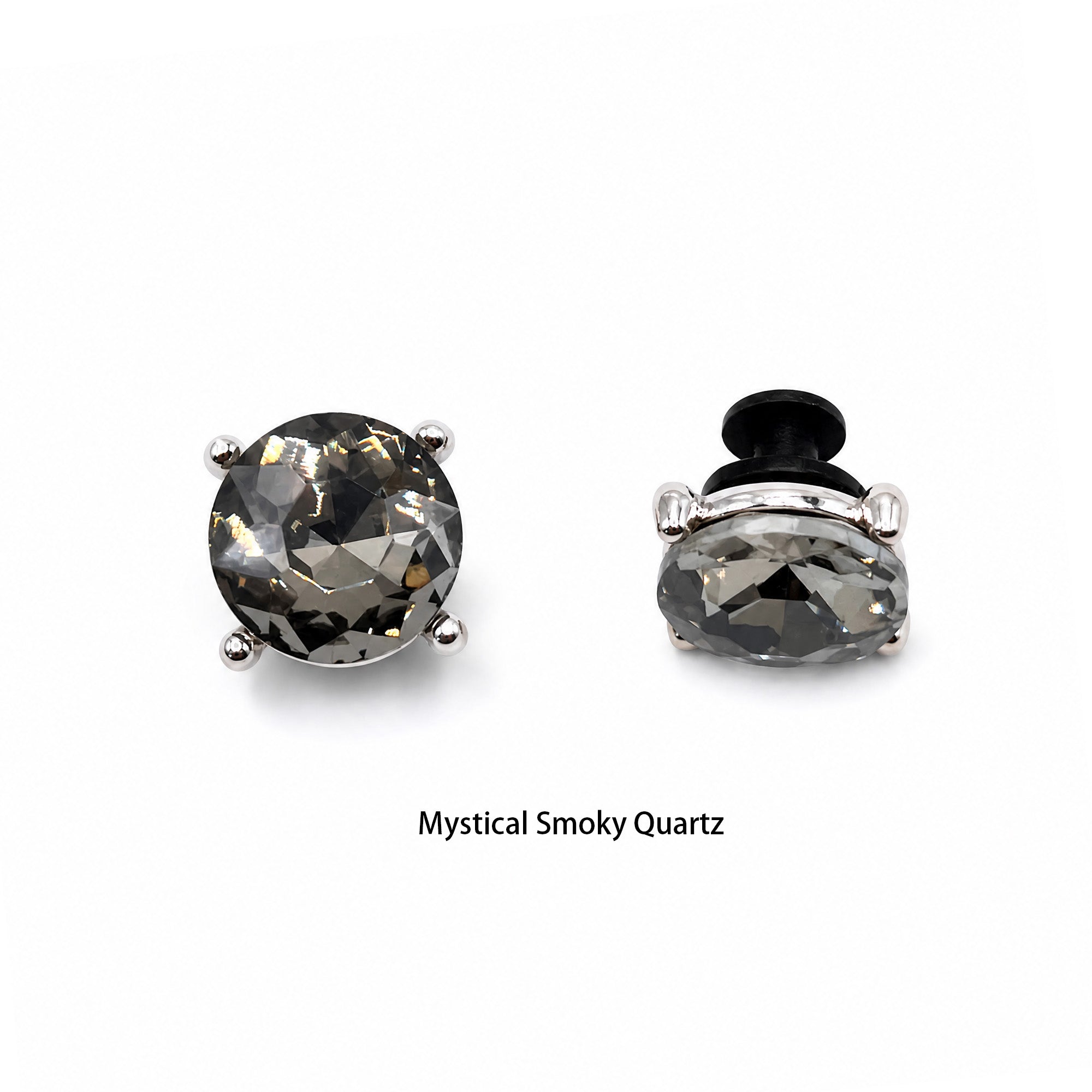 Front and side view of Blessingmychild mystical smoky quartz grey diamond charms for high-fashion pet footwear, white background