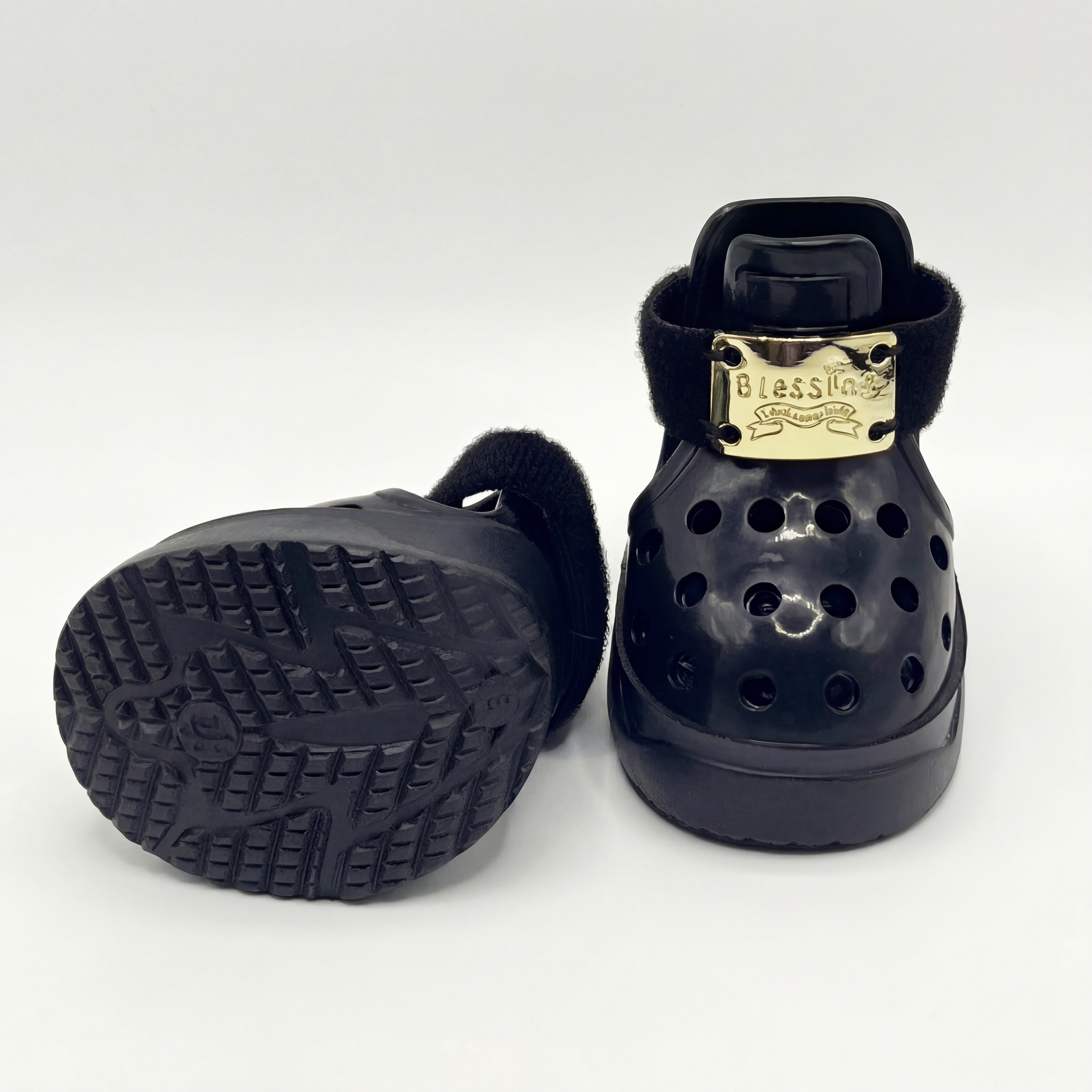 Bottom look of Blessingmychild V1 knight black dog footwear demonstrating the durable anti-slip patterned rubber sole and breathable body