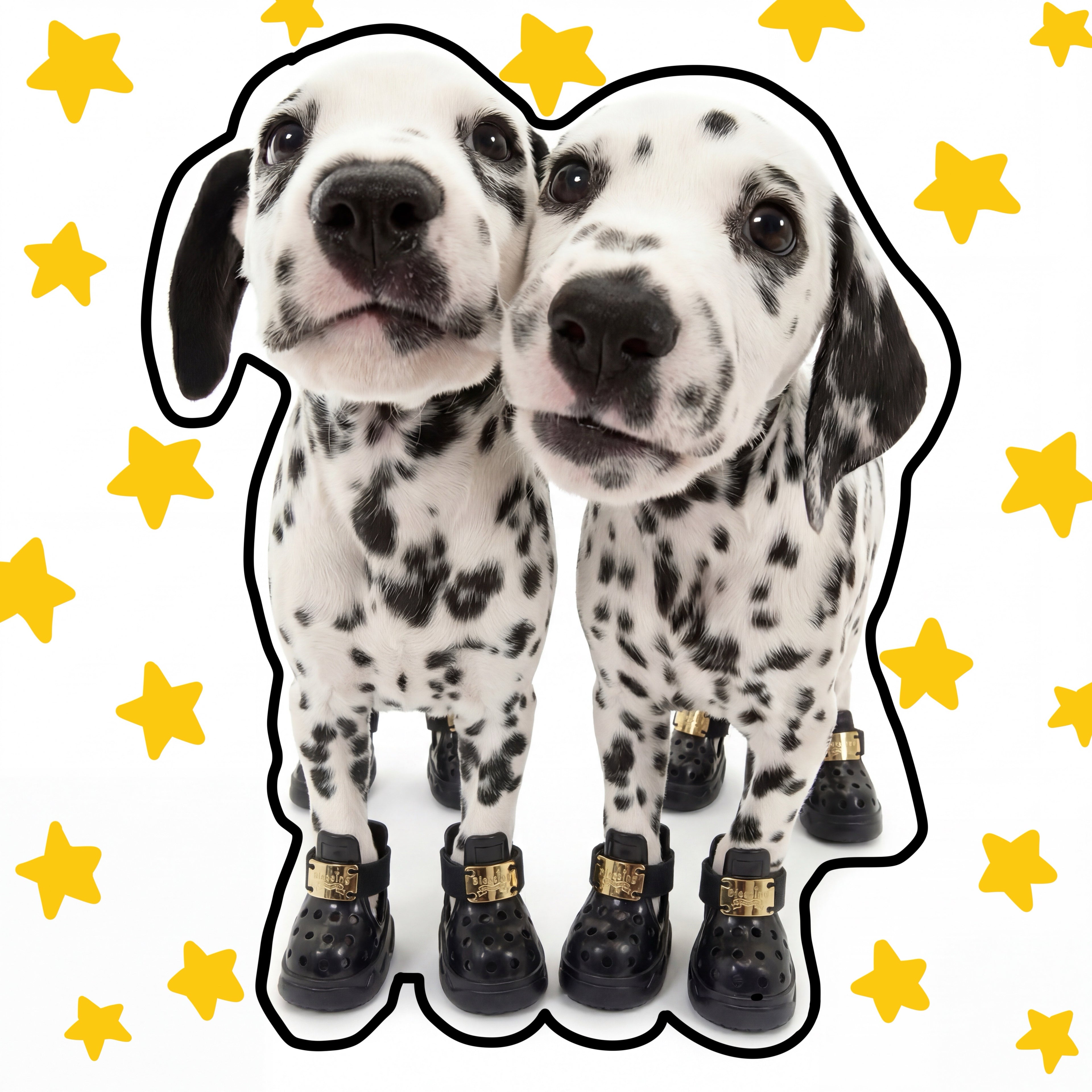 Two stylish Dalmatian dogs posing together against a yellow star background wearing Blessingmychild V1 classic knight black pet sandals