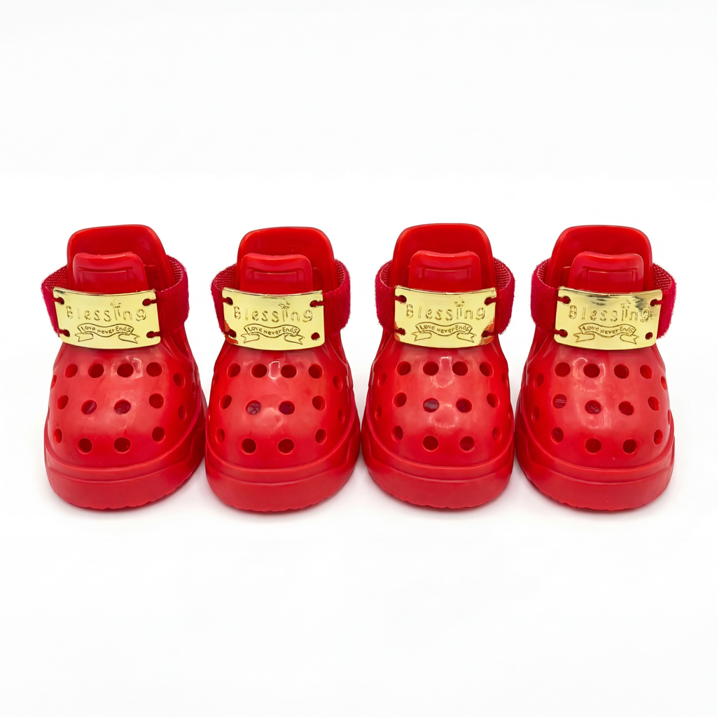 Front closeup of four Blessingmychild V1 classic red puppy shoes highlighting the signature luxury front-engraved gold plates
