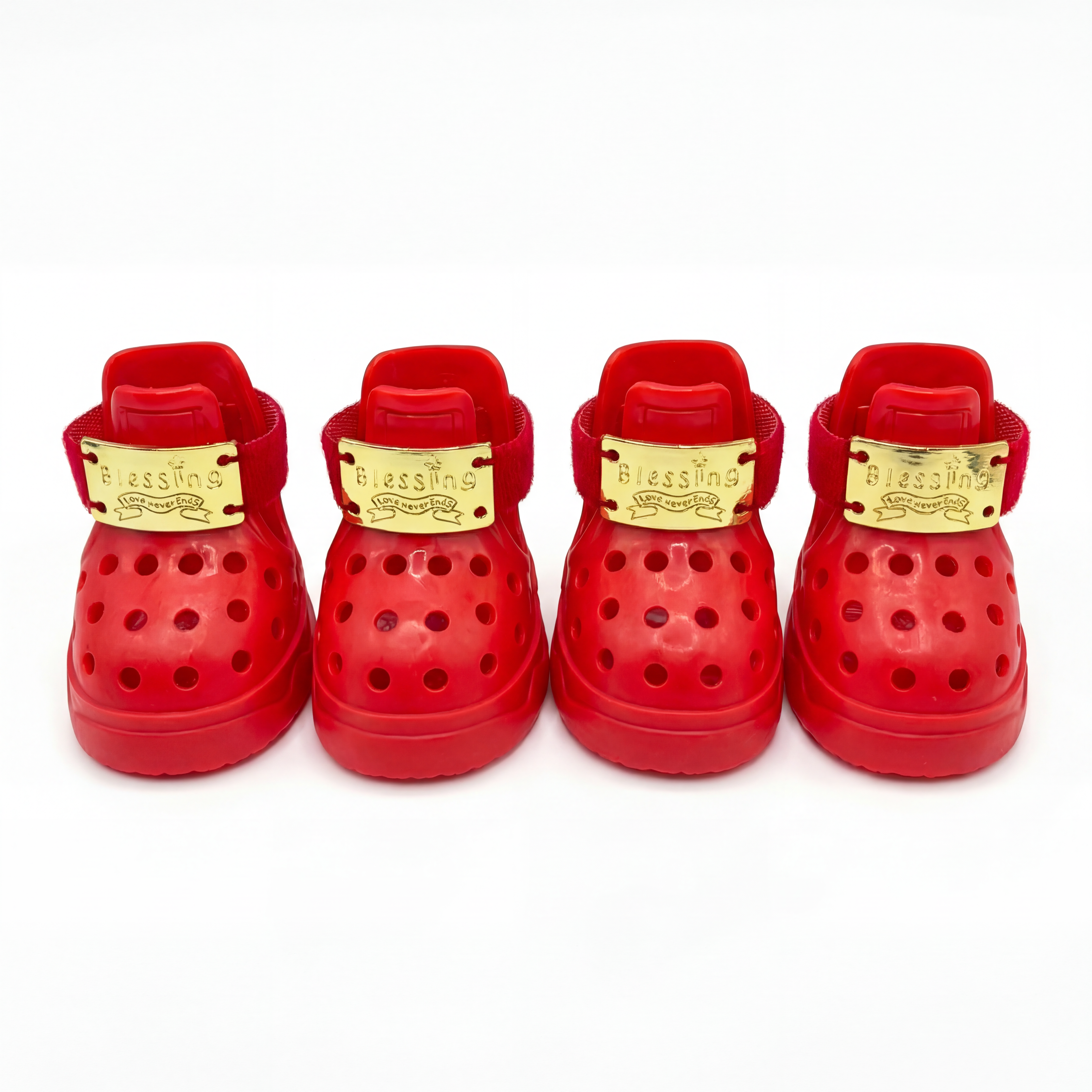 Front closeup of four Blessingmychild V1 classic red puppy shoes highlighting the signature luxury front-engraved gold plates