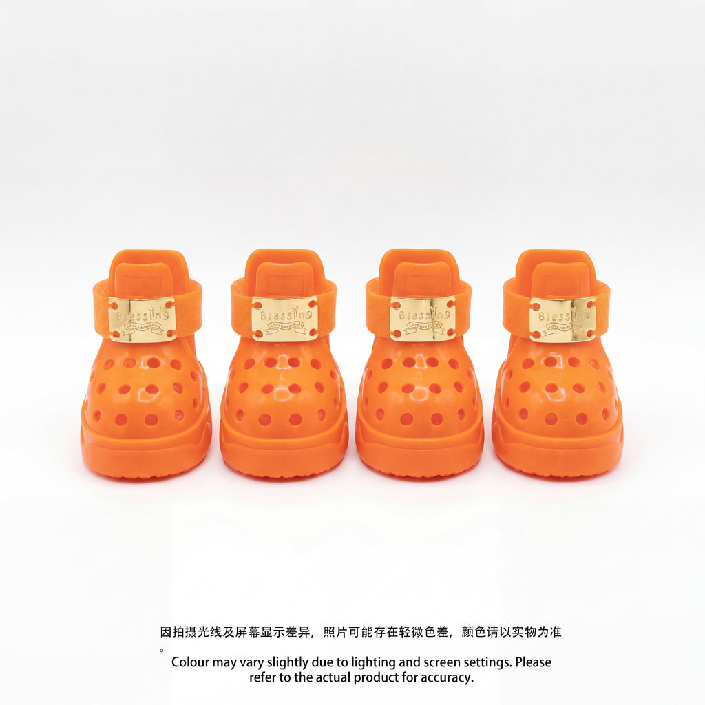 Four luxury Blessingmychild V1 Hermes-inspired Kelly Orange dog shoes lined up showcasing the iconic front-facing engraved gold plates