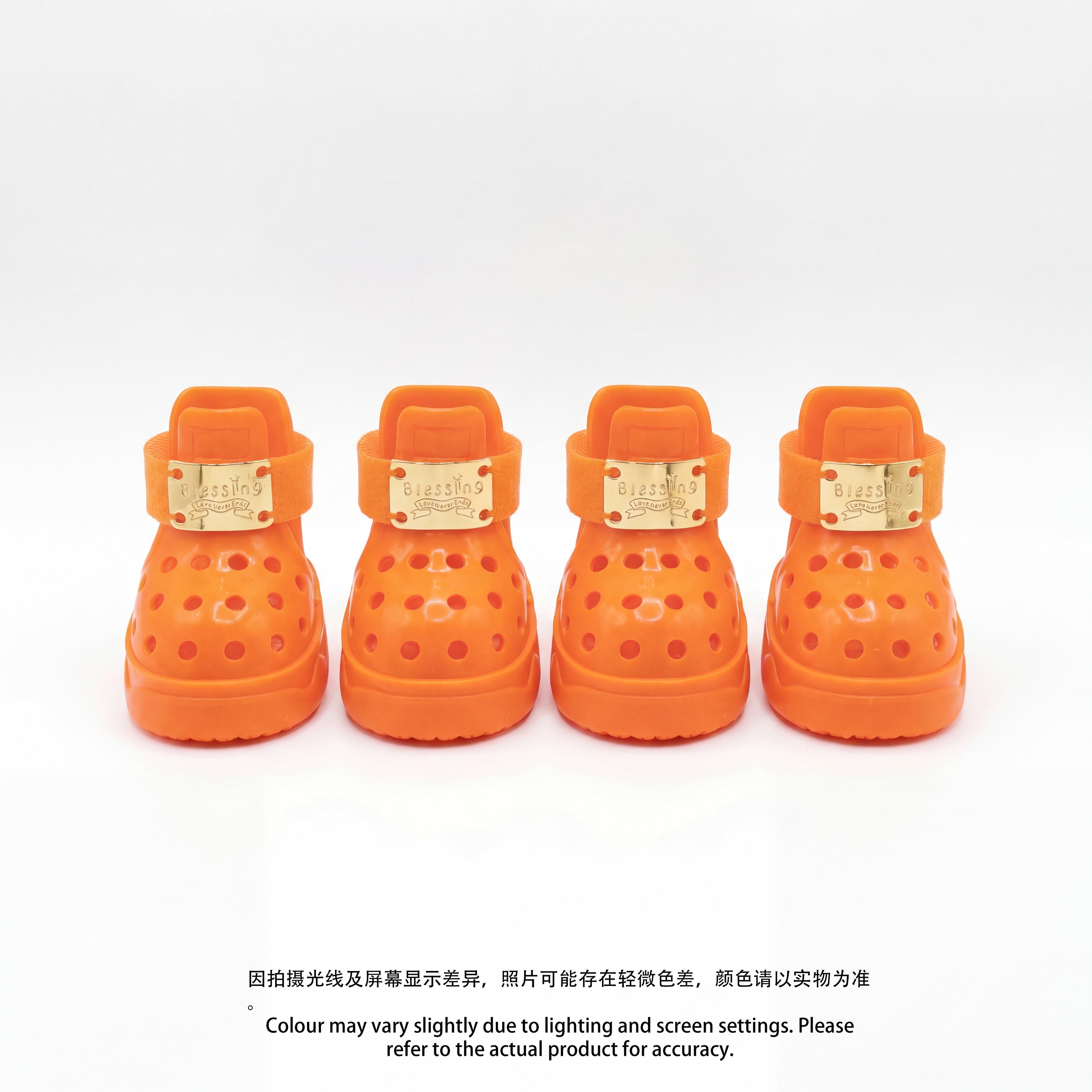 Four luxury Blessingmychild V1 Hermes-inspired Kelly Orange dog shoes lined up showcasing the iconic front-facing engraved gold plates