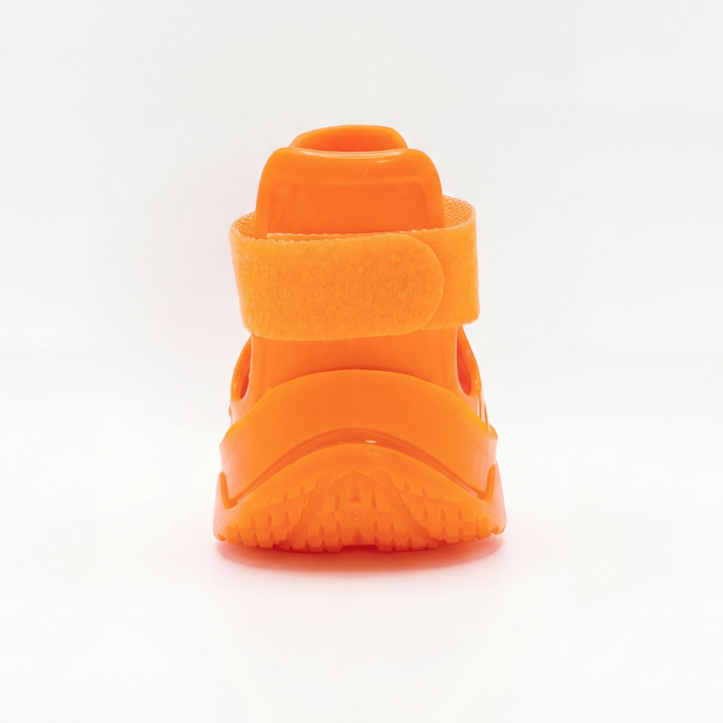 Rear view of Blessingmychild limited edition V1 Kelly Orange dog shoe showcasing the secure velcro ankle strap and premium heel architecture