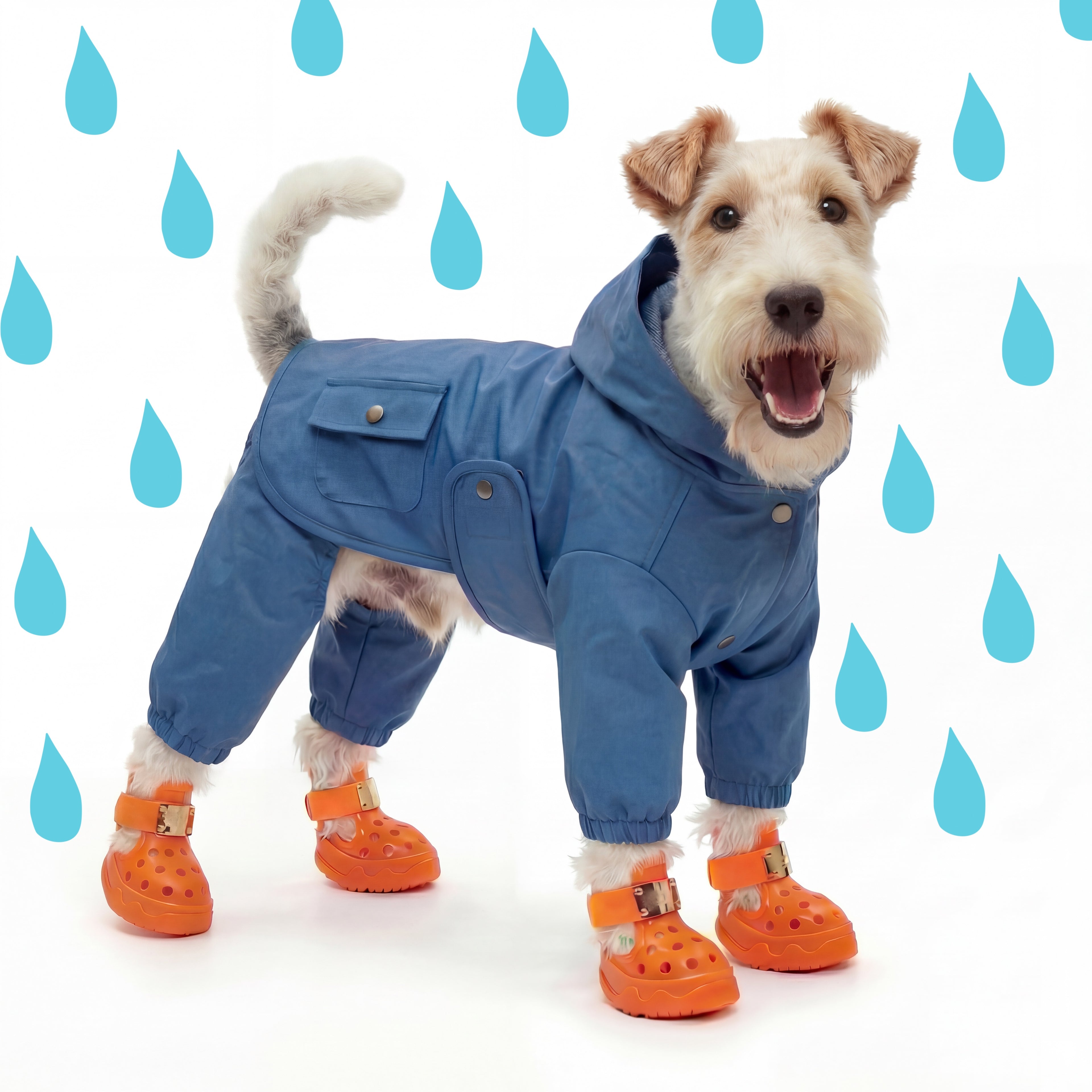 A happy wire fox terrier wearing a premium blue hooded pet raincoat and Blessingmychild V1 Kelly Orange dog shoes with signature front gold plates