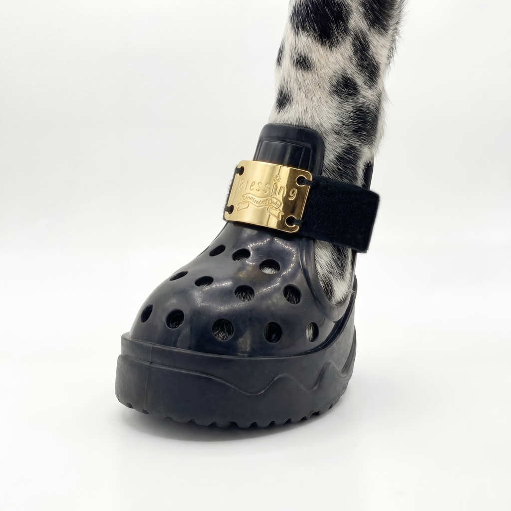 Close-up shot of a spotted Dalmatian dog's paw wearing Blessingmychild V1 classic knight black shoe showcasing the luxury front-facing brand gold plate