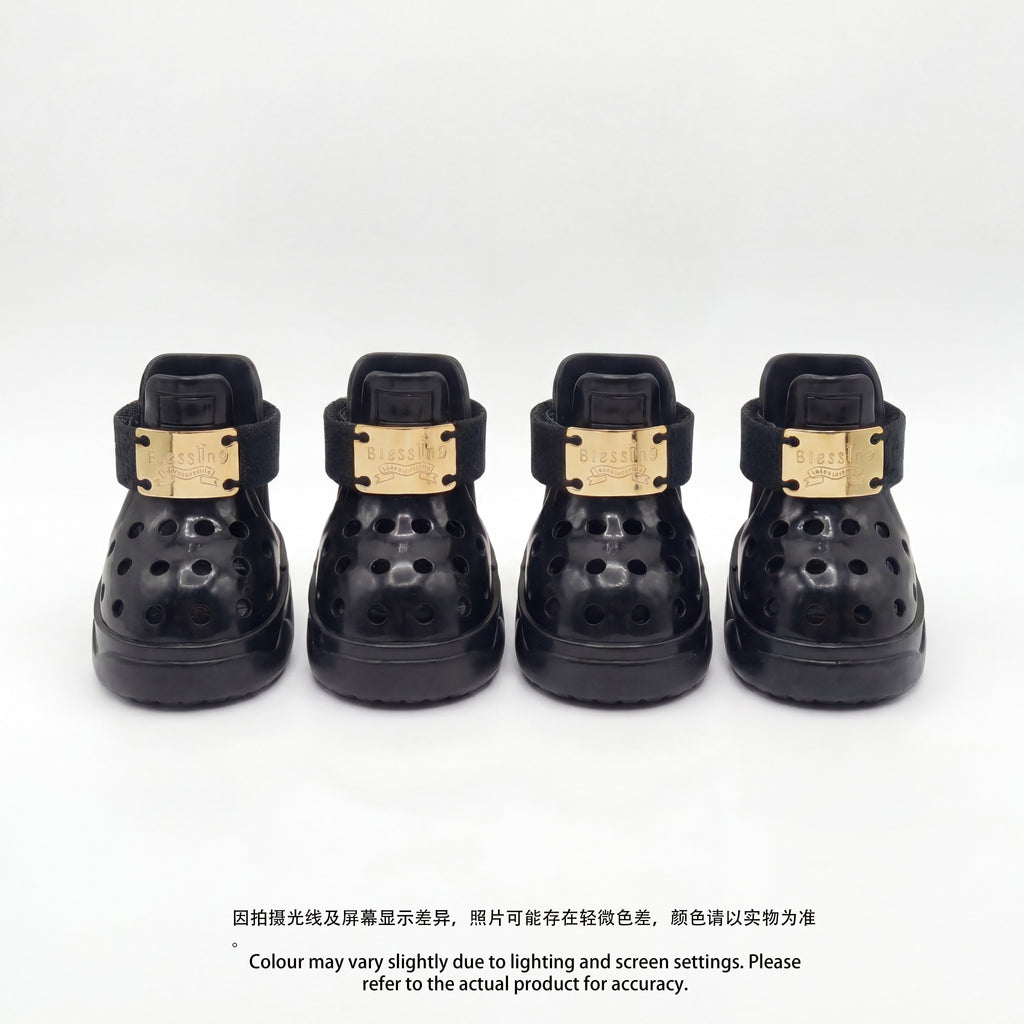 Four Blessingmychild V1 classic knight black dog shoes lined up on a white background showcasing the iconic front-facing gold brand plates