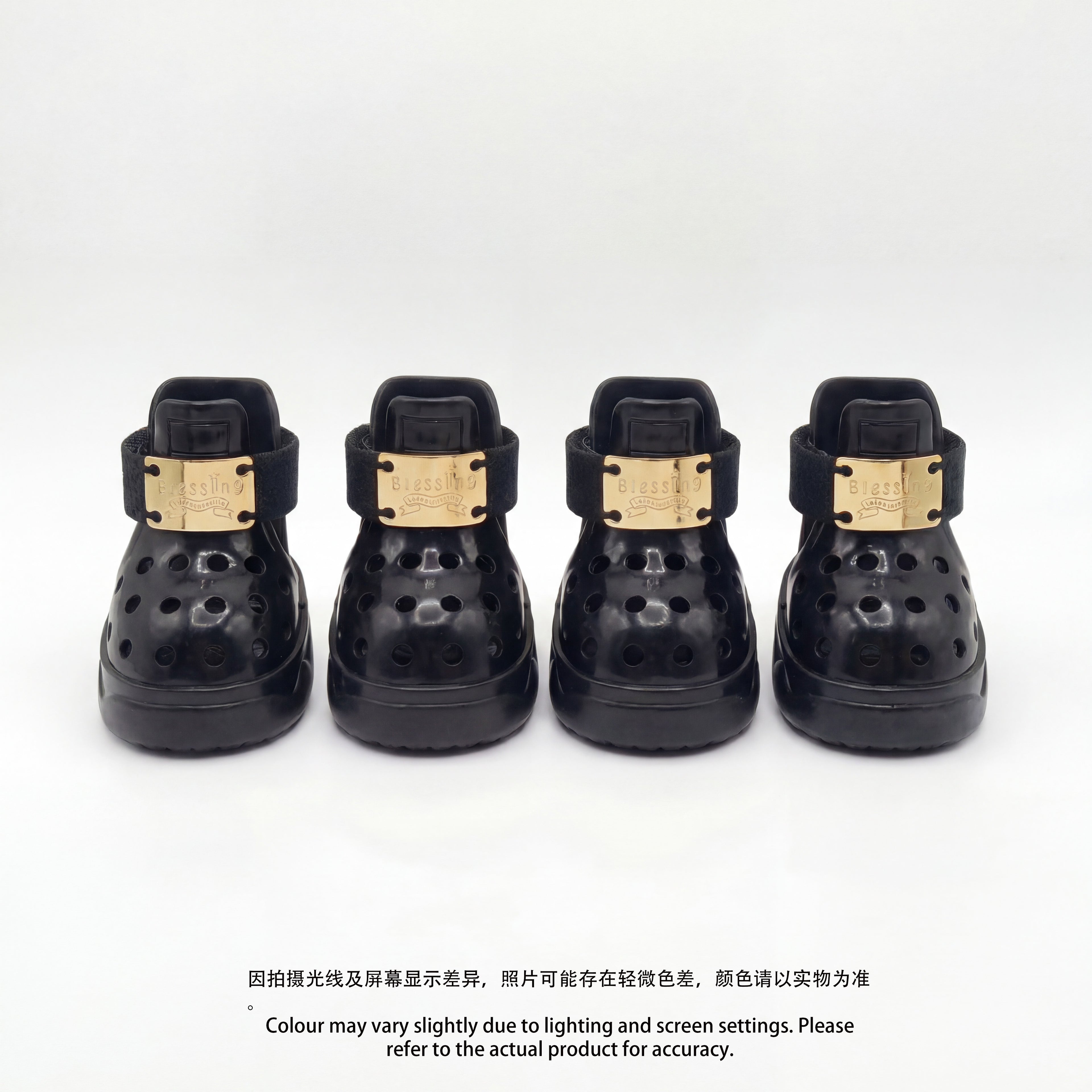 Four Blessingmychild V1 classic knight black dog shoes lined up on a white background showcasing the iconic front-facing gold brand plates