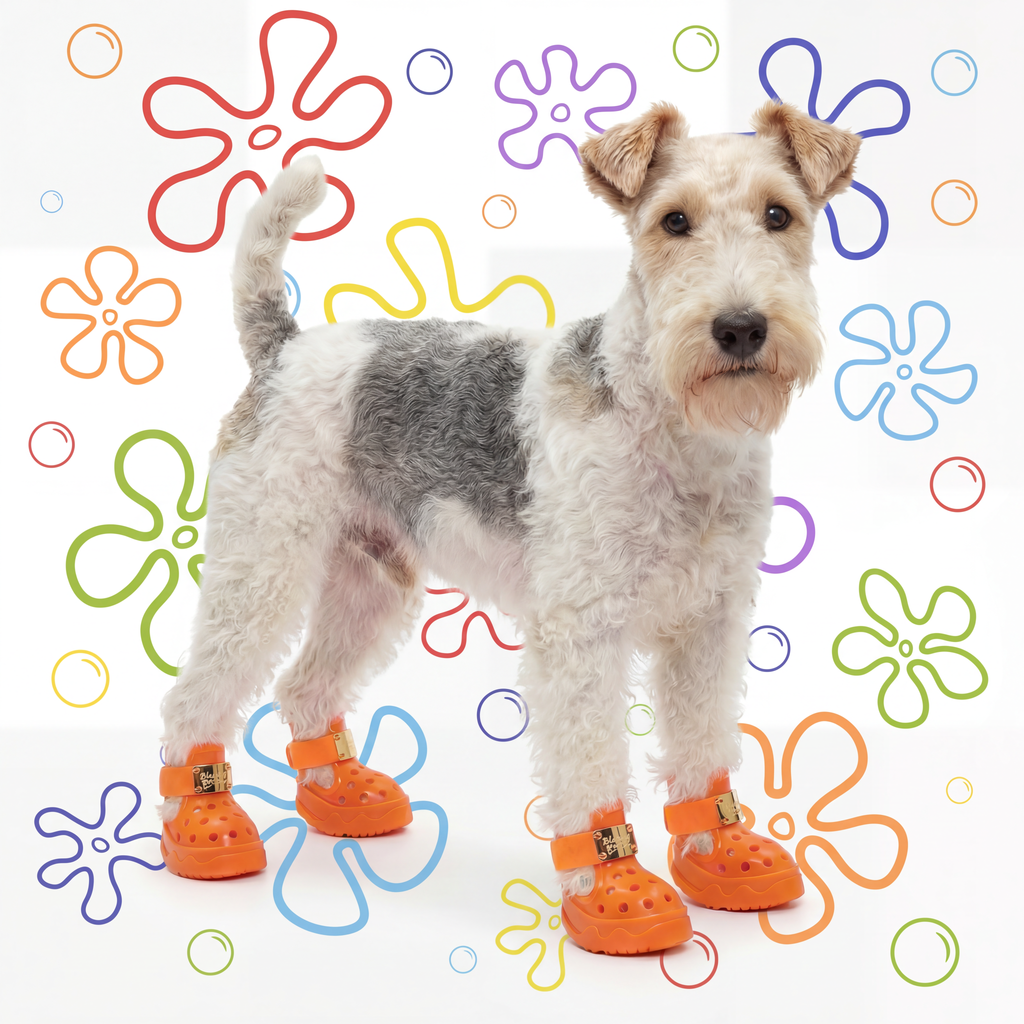 Full body shot of a fluffy dog posing against a floral background wearing luxury Blessingmychild V1 classic orange puppy crocs