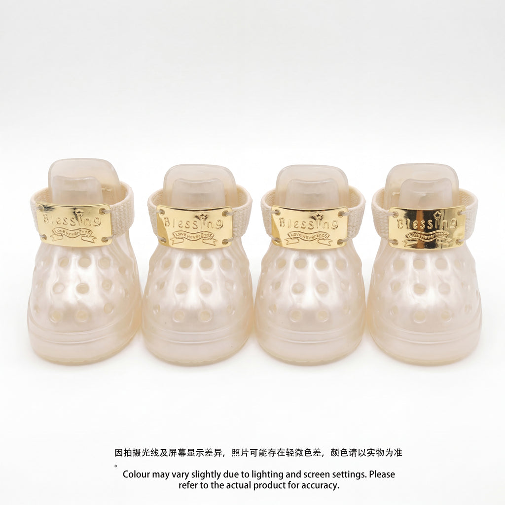 Four Blessingmychild V1 classic pearl white dog shoes lined up on a white background featuring the iconic front-facing brand gold tags