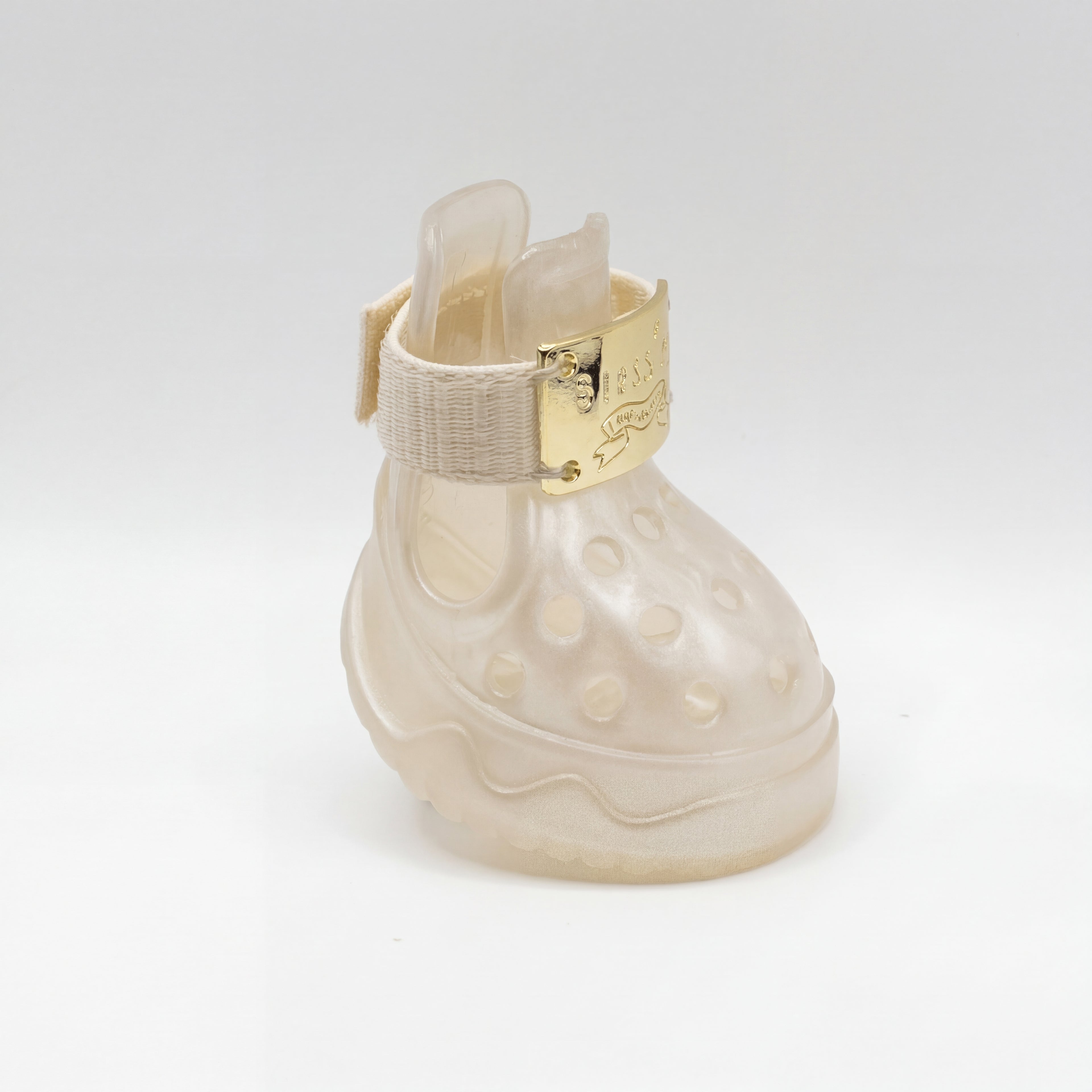 Clean side profile view of a Blessingmychild V1 limited edition white-moonlight dog shoe with premium gold hardware