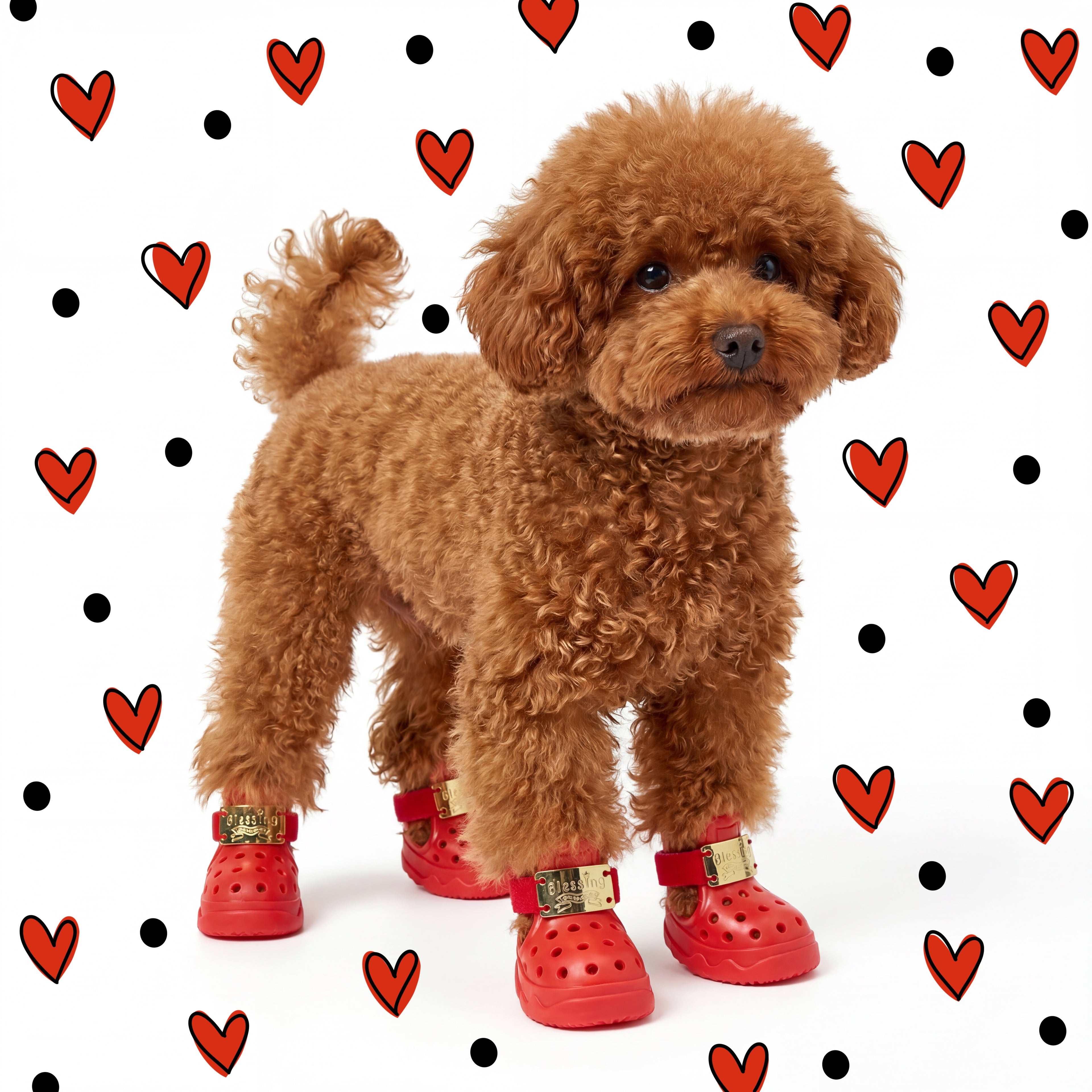 A cute brown poodle dog standing against a heart-print background wearing Blessingmychild classic V1 star-red pet sandals