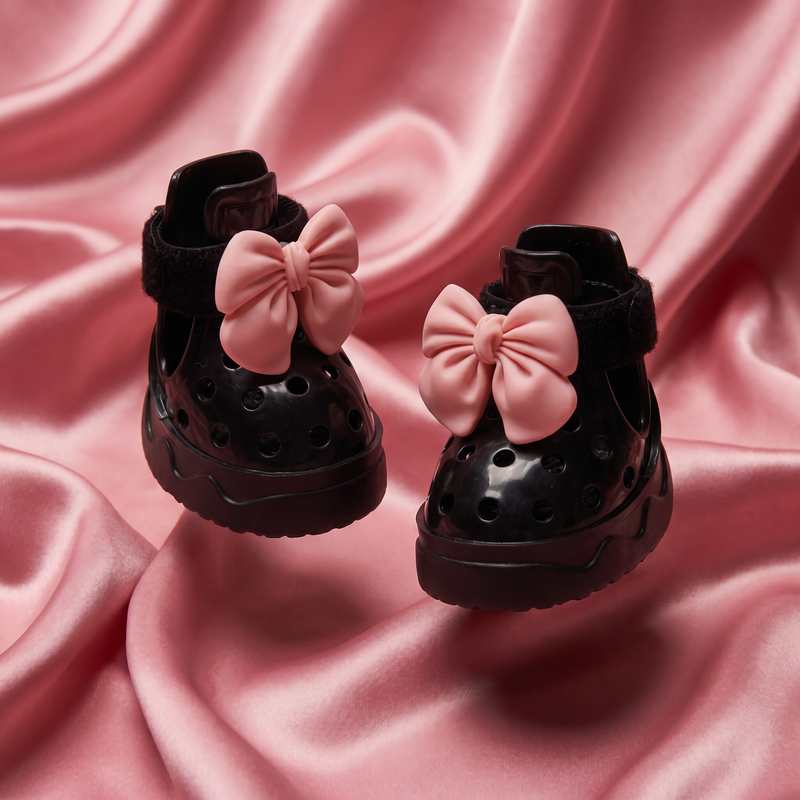 A luxury pair of Blessingmychild V2 black dog shoes adorned with detachable pink bow ribbon shoe charms, styled on a premium pink satin background