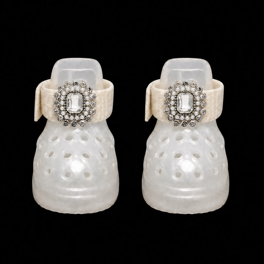 A pair of Blessingmychild elegant white jelly dog shoes adorned with oversized crystal and lustrous pearl crown brooches